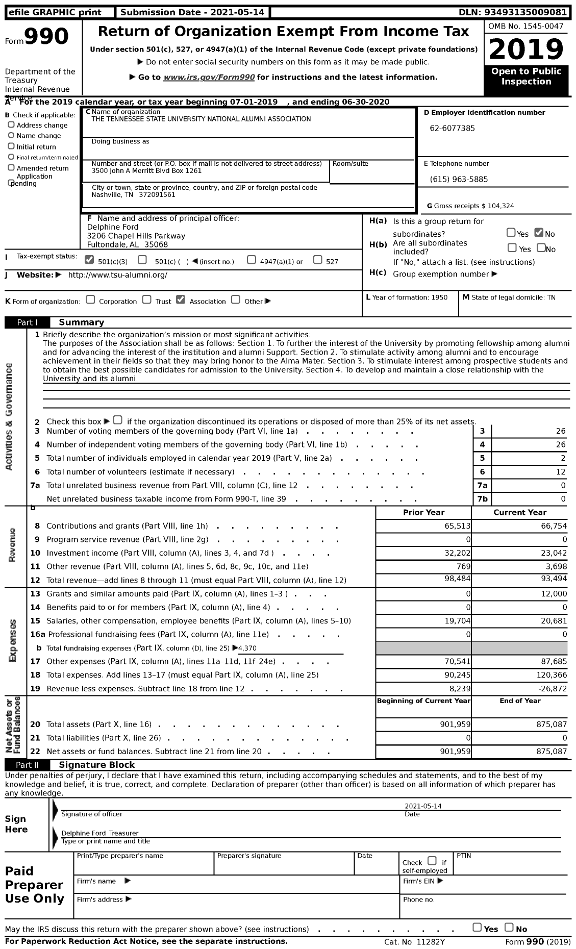 Image of first page of 2019 Form 990 for The Tennessee State University National Alumni Association (TSUNAA)