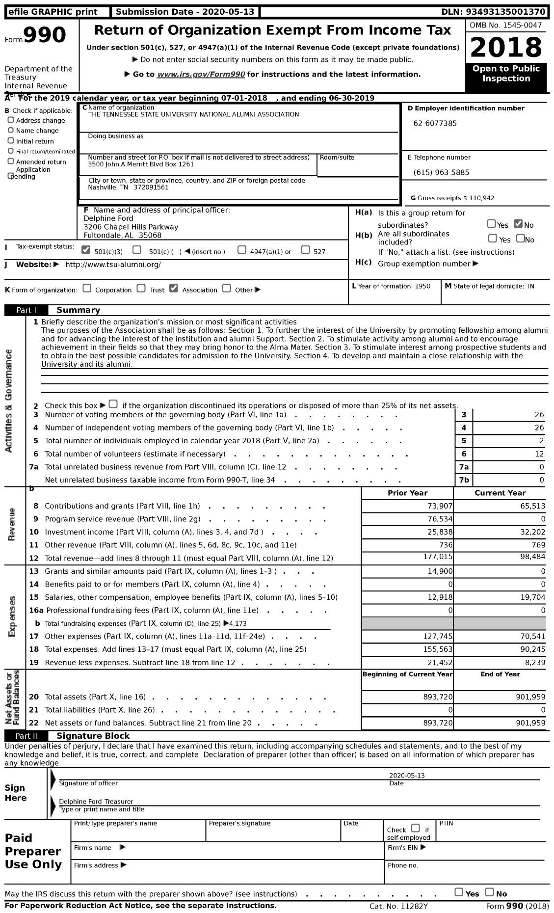 Image of first page of 2018 Form 990 for The Tennessee State University National Alumni Association (TSUNAA)