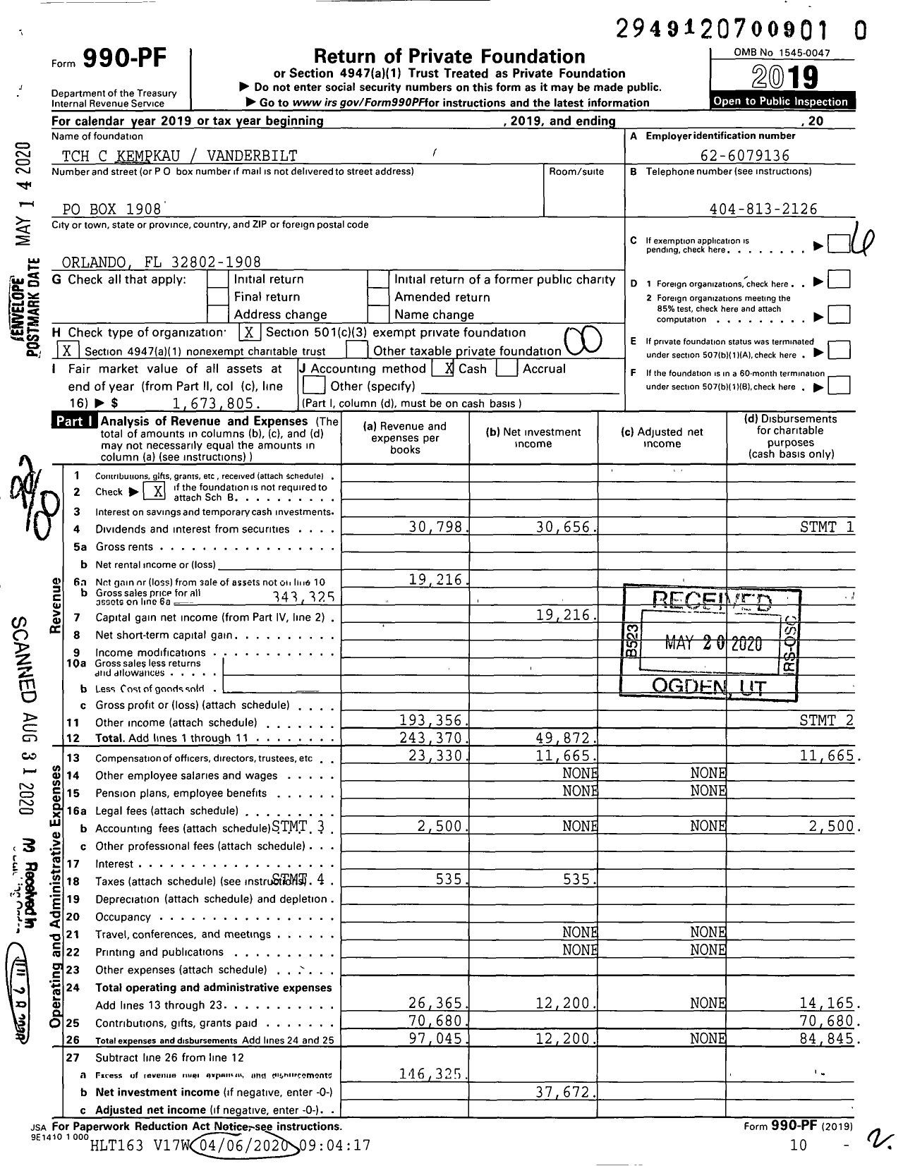 Image of first page of 2019 Form 990PR for TCH C Kempkau Vanderbilt