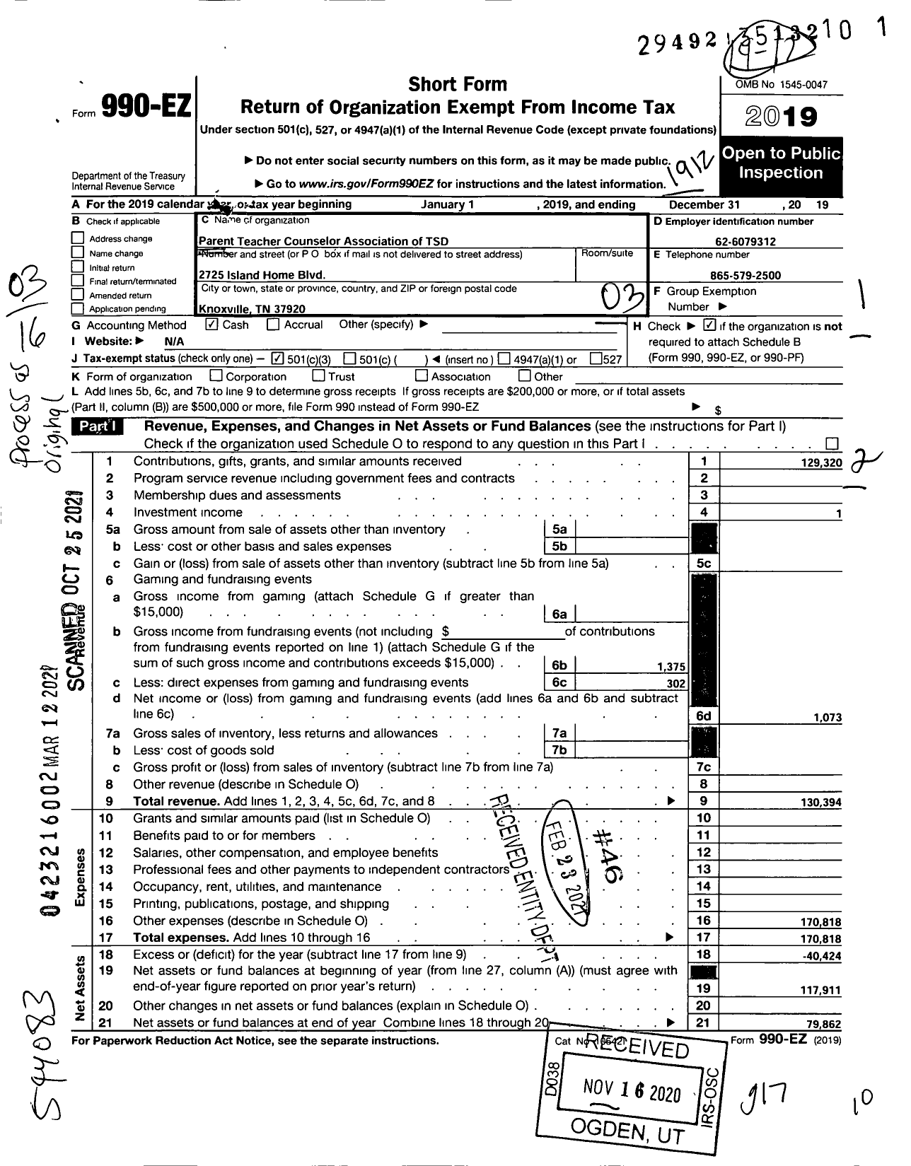 Image of first page of 2019 Form 990EZ for Parent Teacher Counselor Association