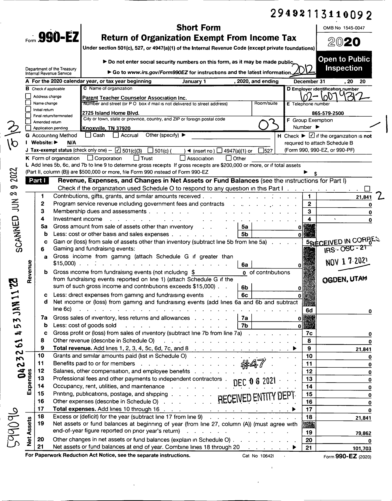 Image of first page of 2020 Form 990EZ for Parent Teacher Counselor Association