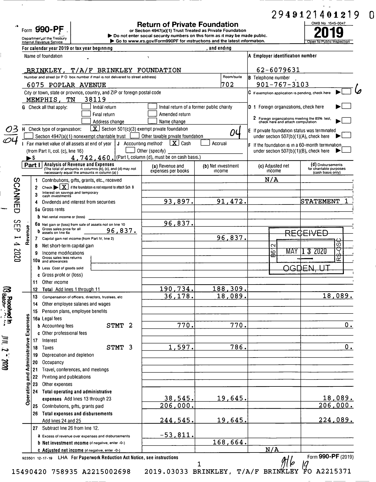 Image of first page of 2019 Form 990PR for Brinkley Taf Brinkley Foundation