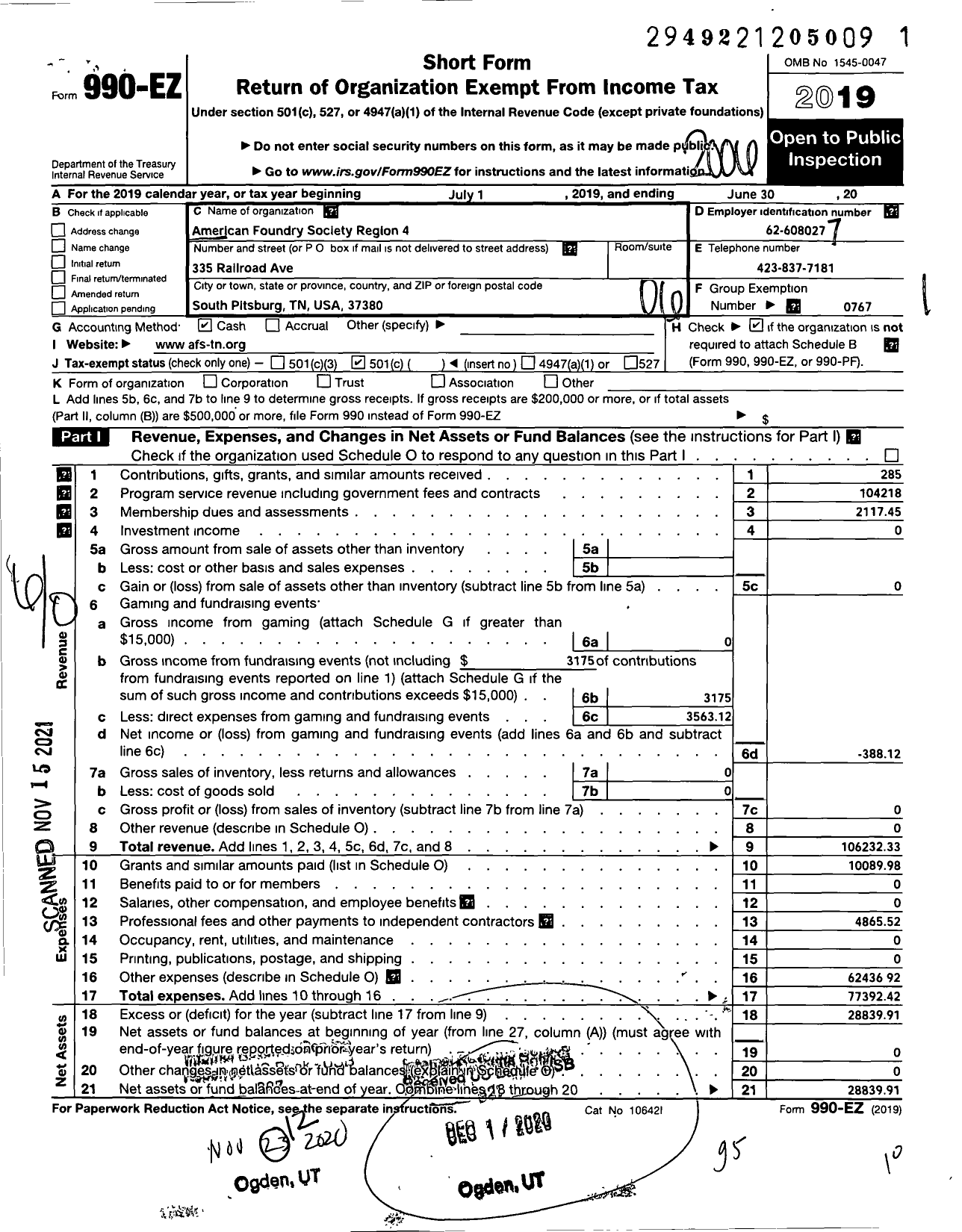 Image of first page of 2019 Form 990EO for American Foundry Society - Tennessee Region 4