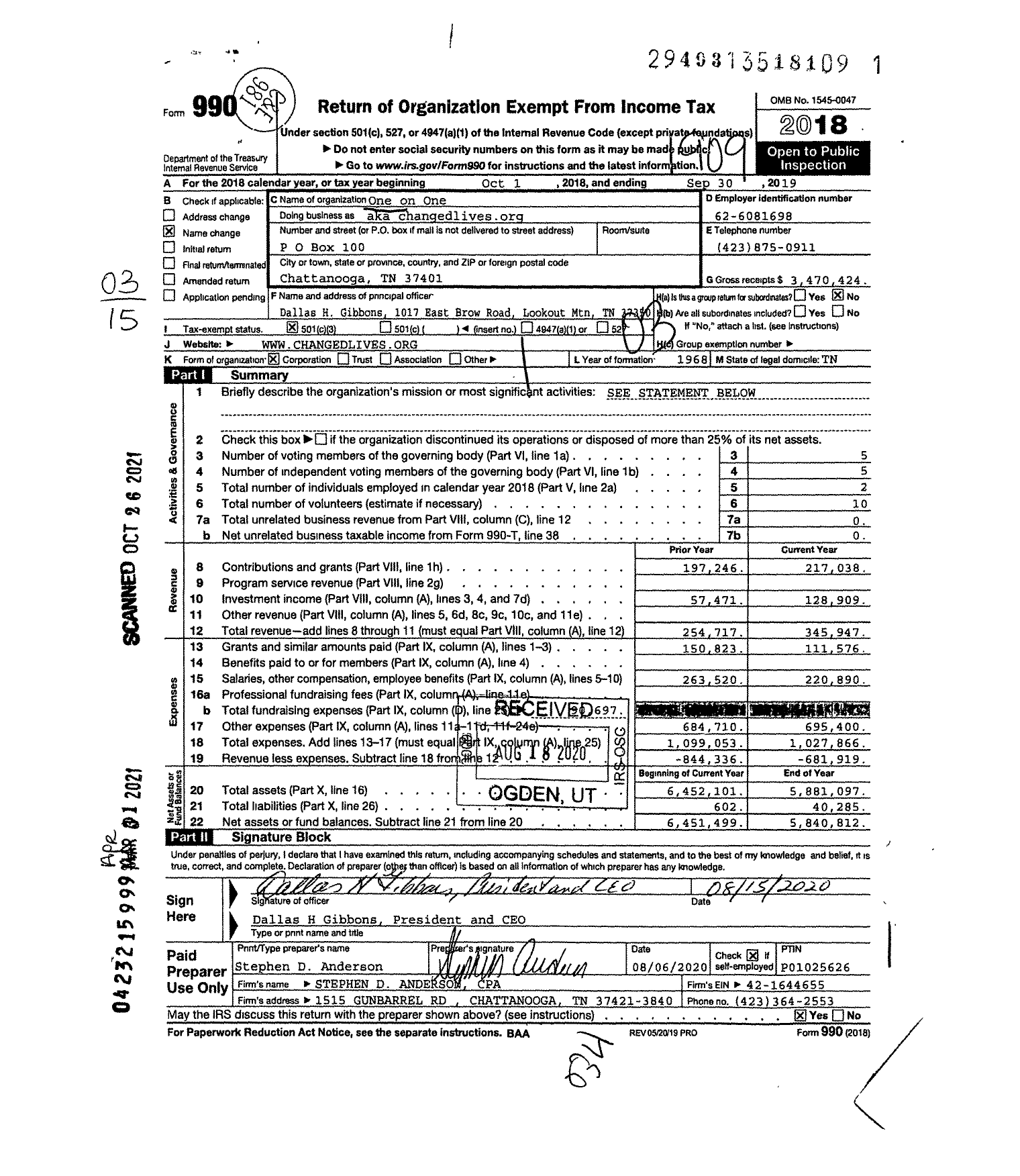 Image of first page of 2018 Form 990 for Changedlivesorg