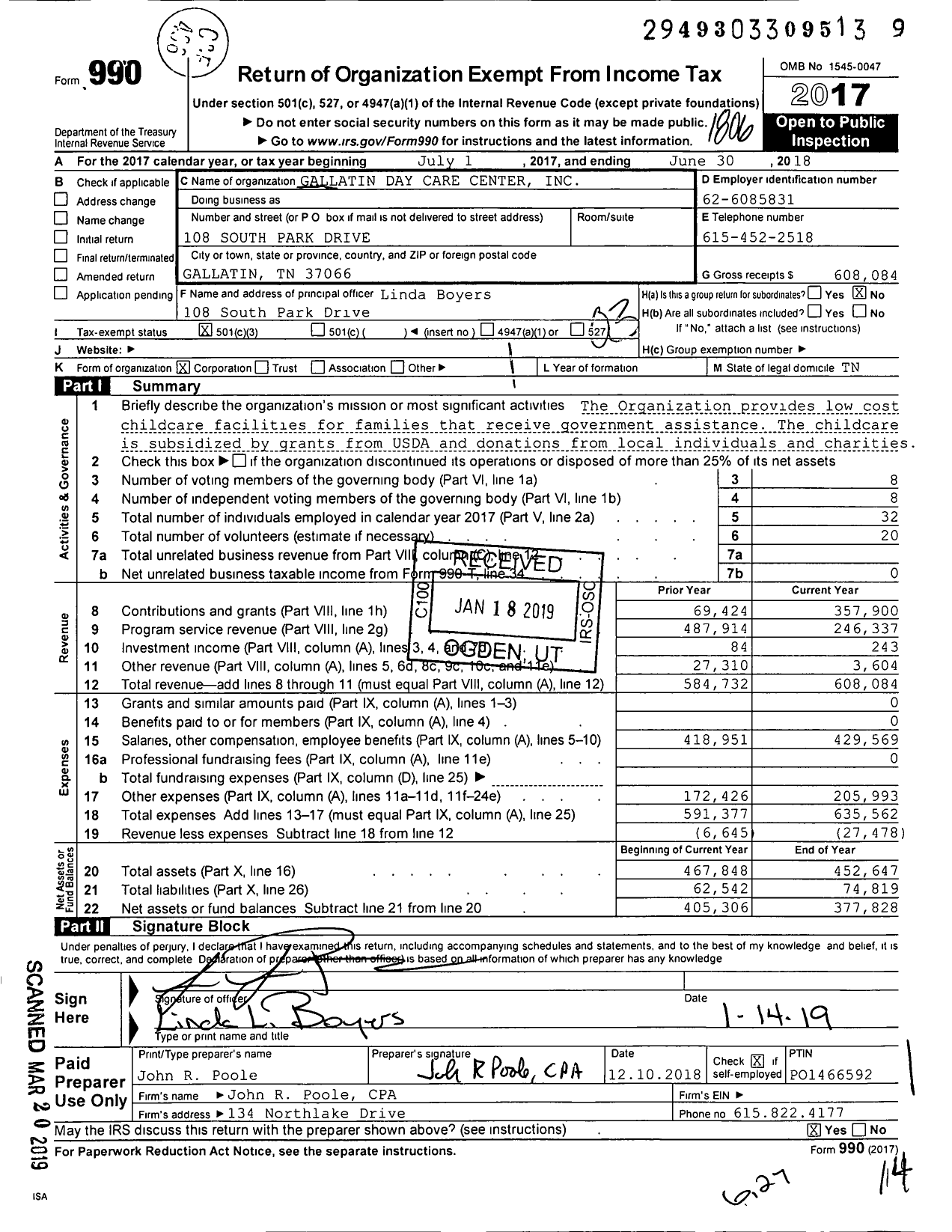 Image of first page of 2017 Form 990 for Gallatin Day Care Center