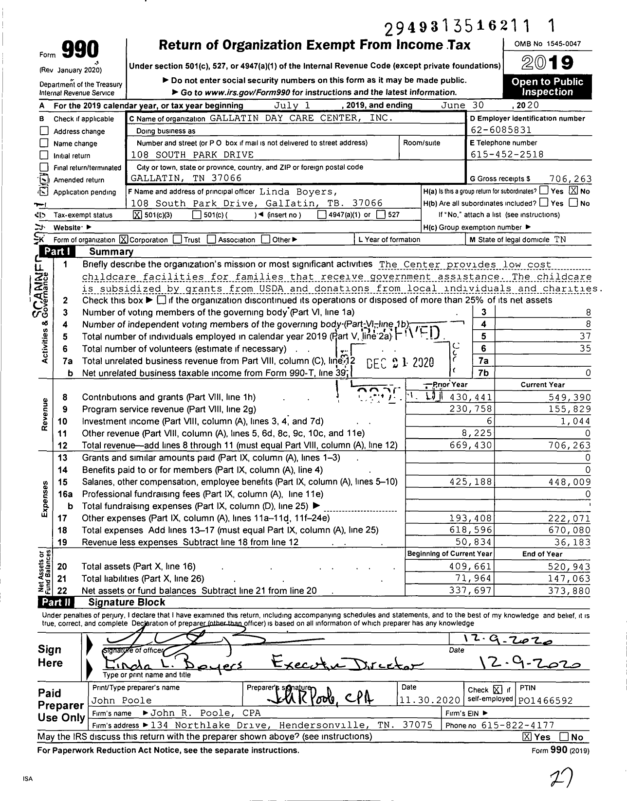 Image of first page of 2019 Form 990 for Gallatin Day Care Center