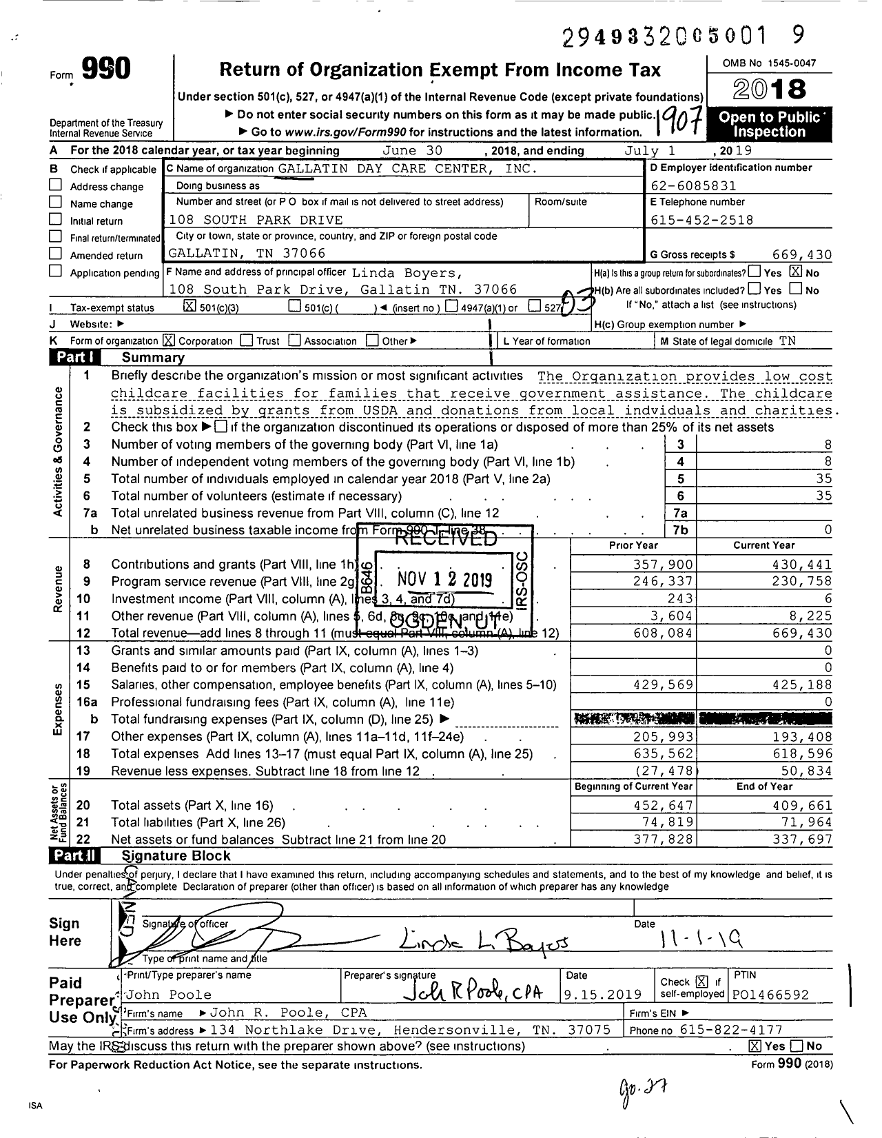 Image of first page of 2018 Form 990 for Gallatin Day Care Center