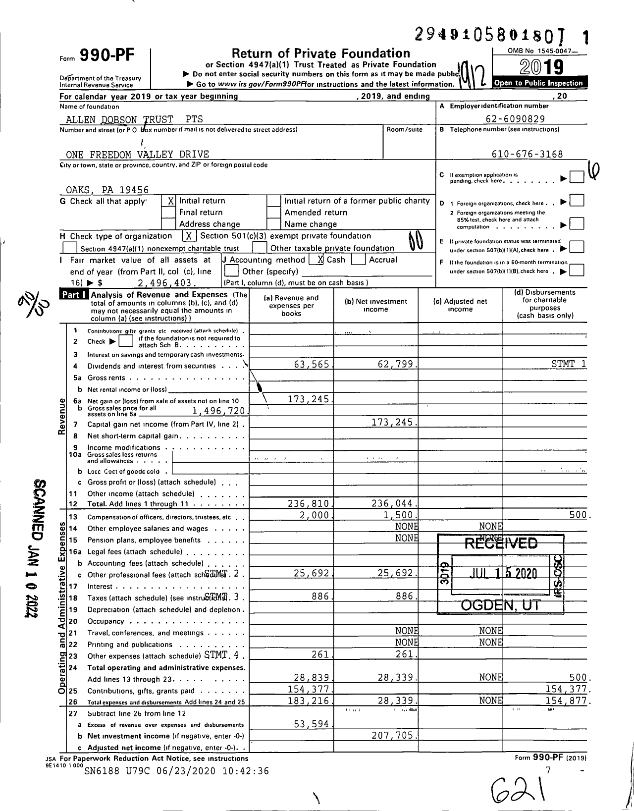 Image of first page of 2019 Form 990PF for Allen Dobson Trust PTS