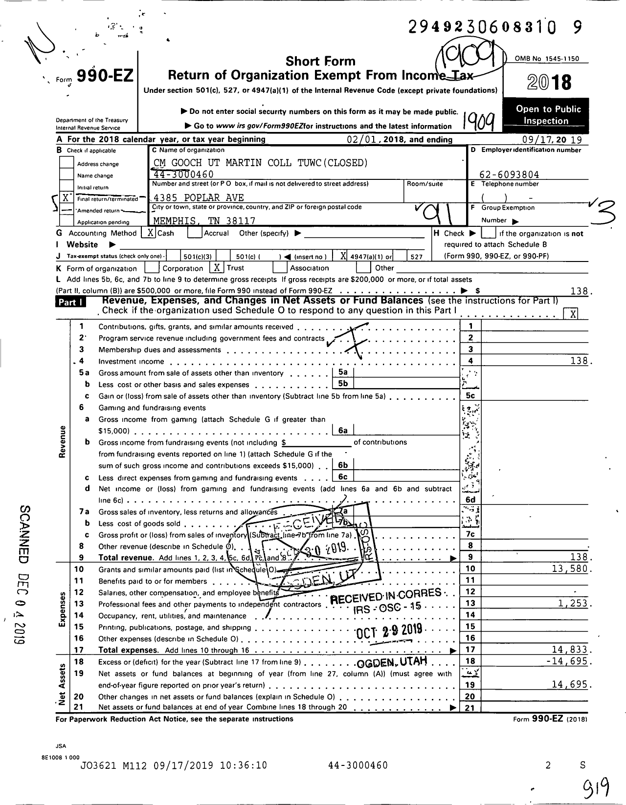 Image of first page of 2018 Form 990EO for C M Gooch U T Martin Coll Tuwc 44-3000460