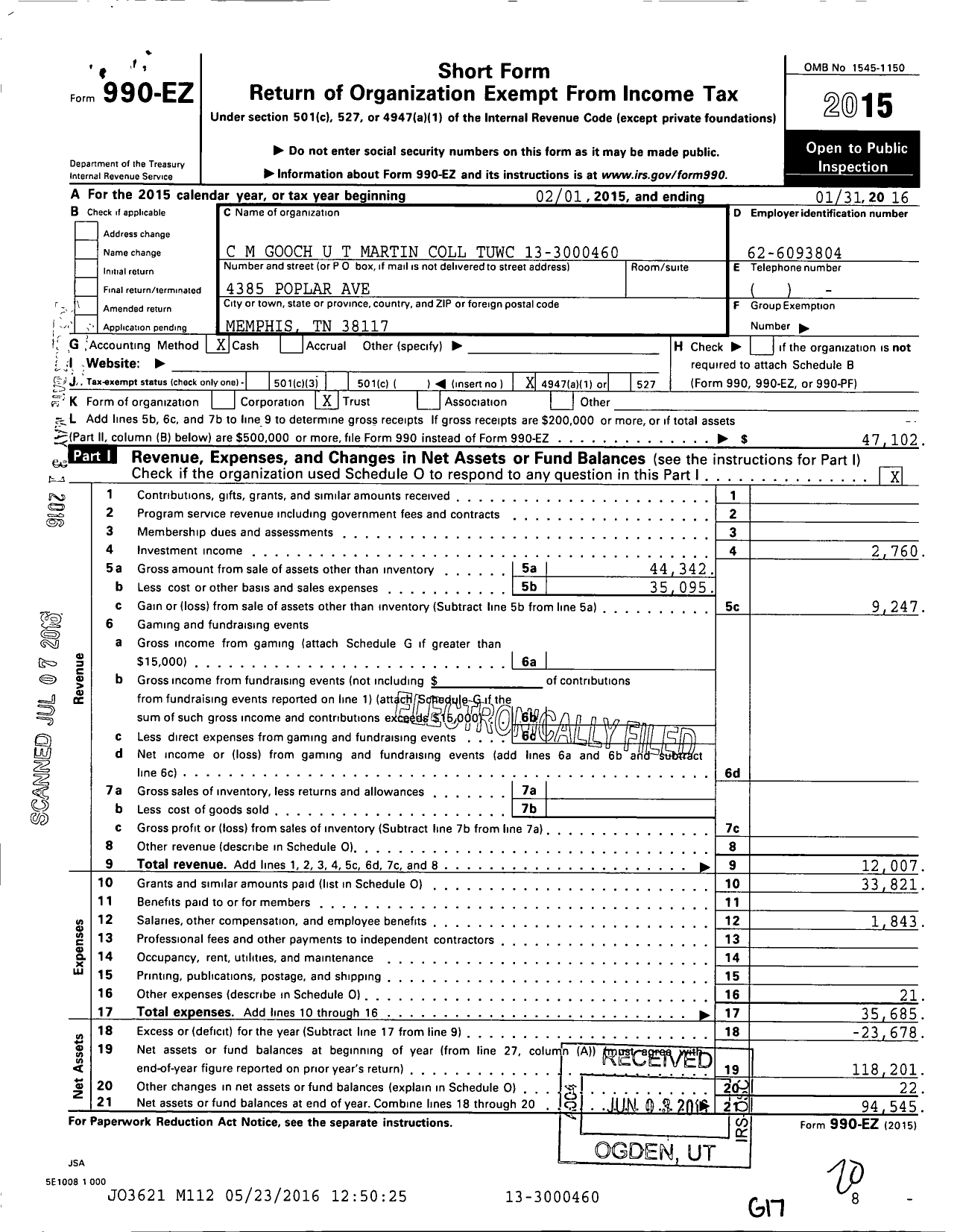 Image of first page of 2015 Form 990EO for C M Gooch U T Martin Coll Tuwc 44-3000460