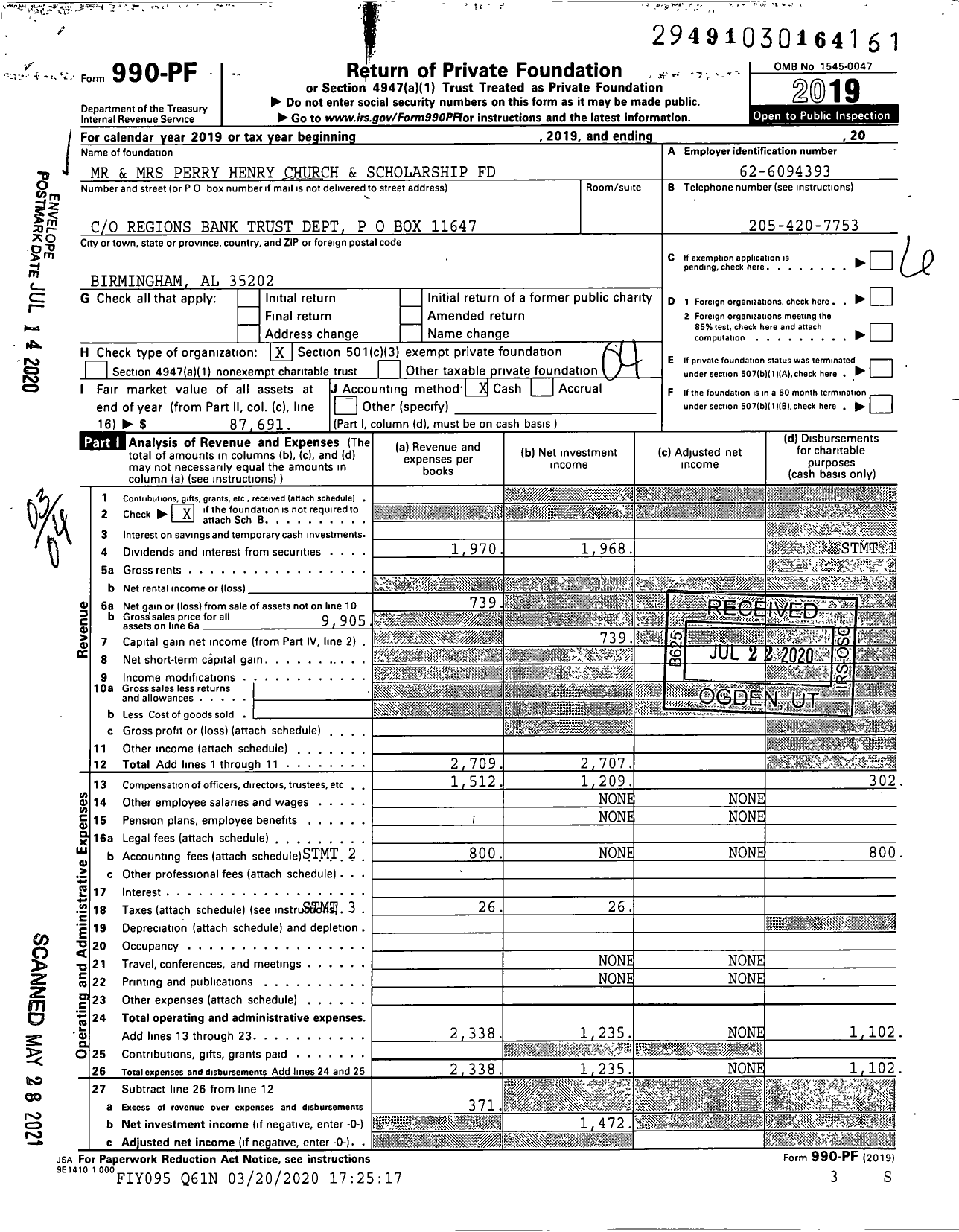 Image of first page of 2019 Form 990PF for Henry Church SCH