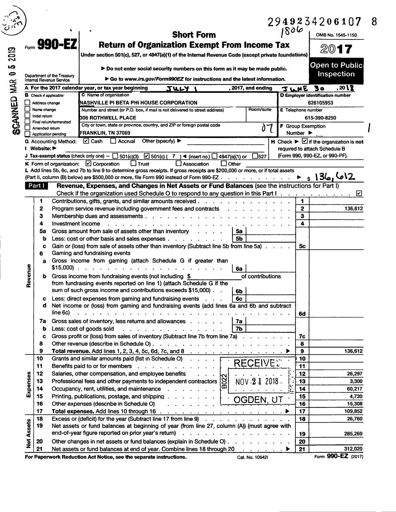 Image of first page of 2017 Form 990EO for Nashville Pi Beta Phi House Corporation