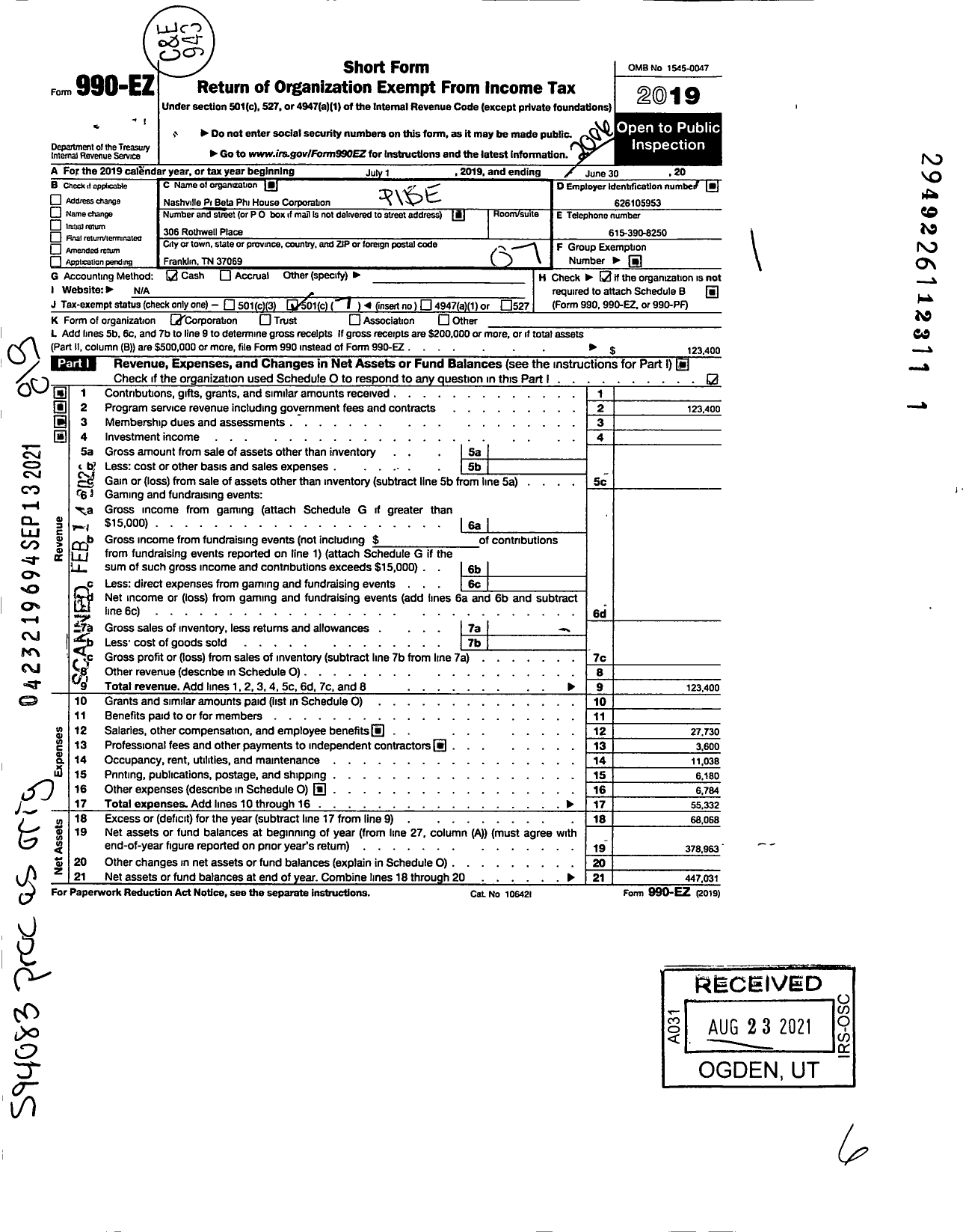 Image of first page of 2019 Form 990EO for Nashville Pi Beta Phi House Corporation