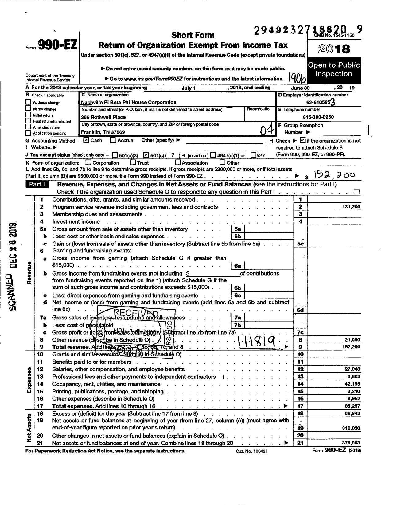 Image of first page of 2018 Form 990EO for Nashville Pi Beta Phi House Corporation