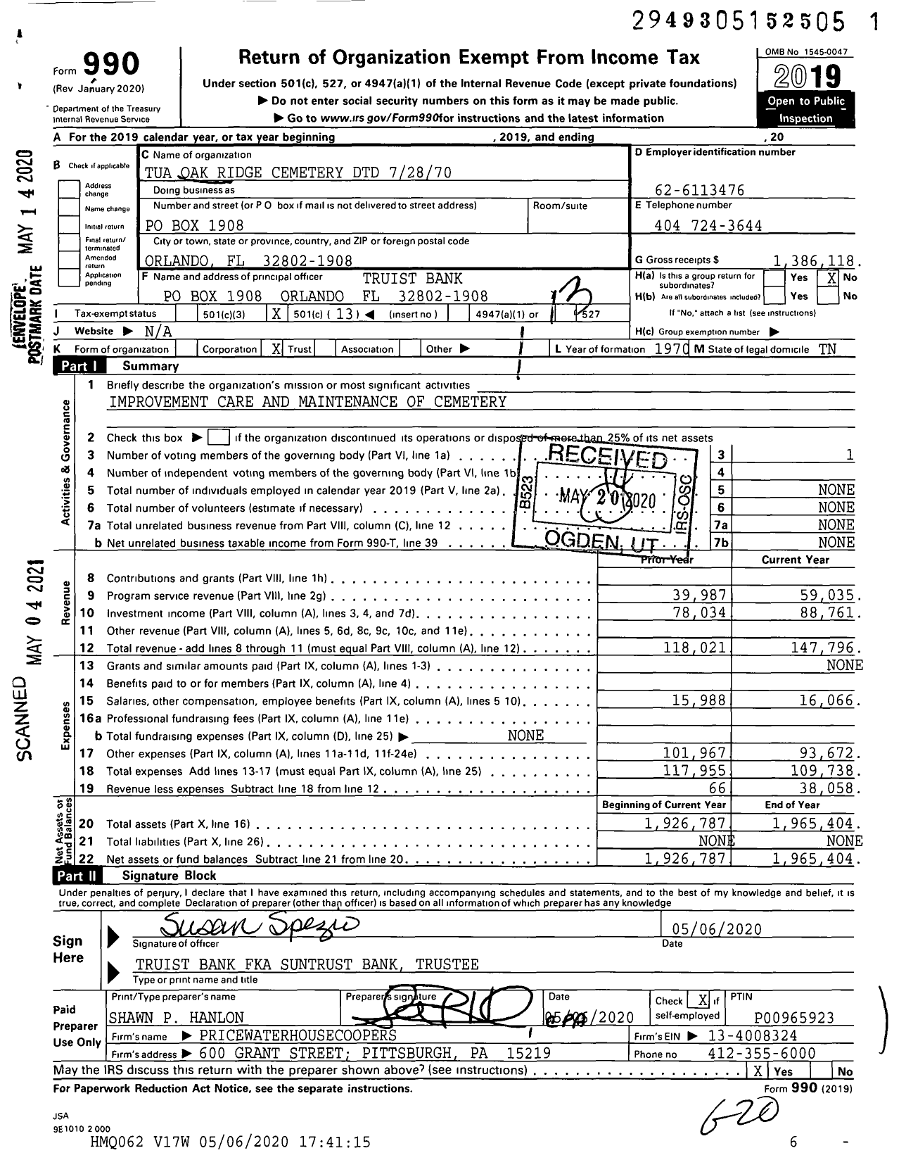 Image of first page of 2019 Form 990O for Tua Oak Ridge Cemetery