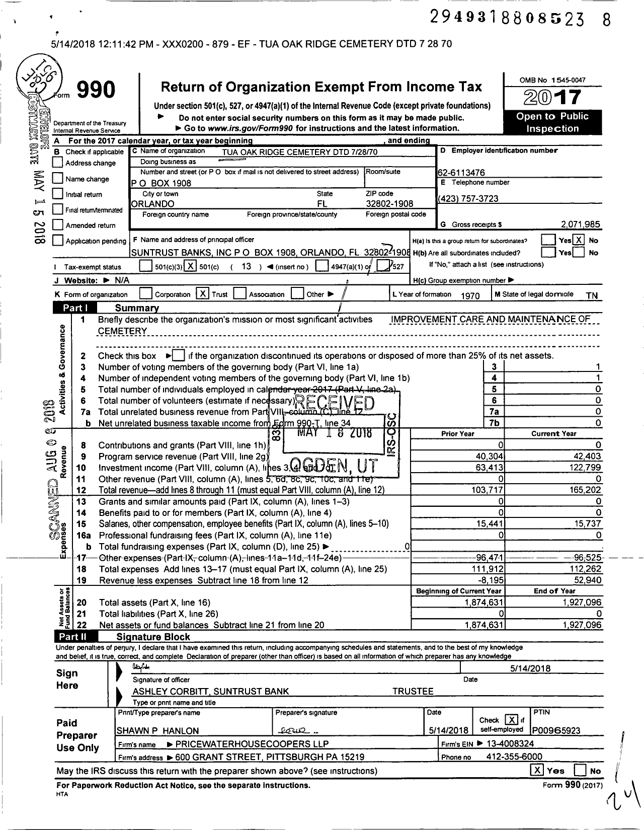 Image of first page of 2017 Form 990O for Tua Oak Ridge Cemetery