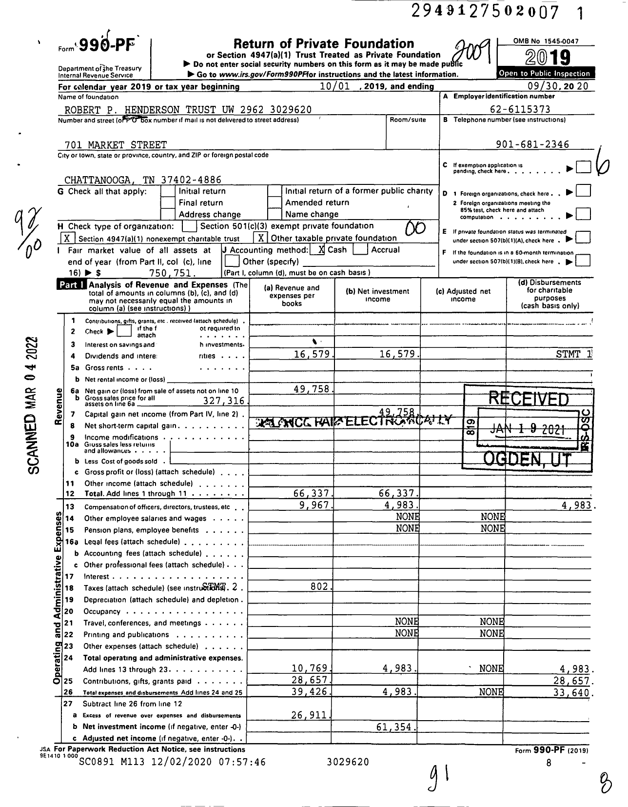 Image of first page of 2019 Form 990PF for Robert P Henderson Trust Uw 2962 3029620