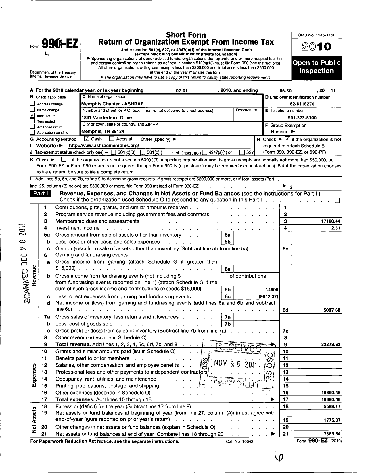 Image of first page of 2010 Form 990EO for American Society of Heating Refrigerating and A-C Engineers / Memphis