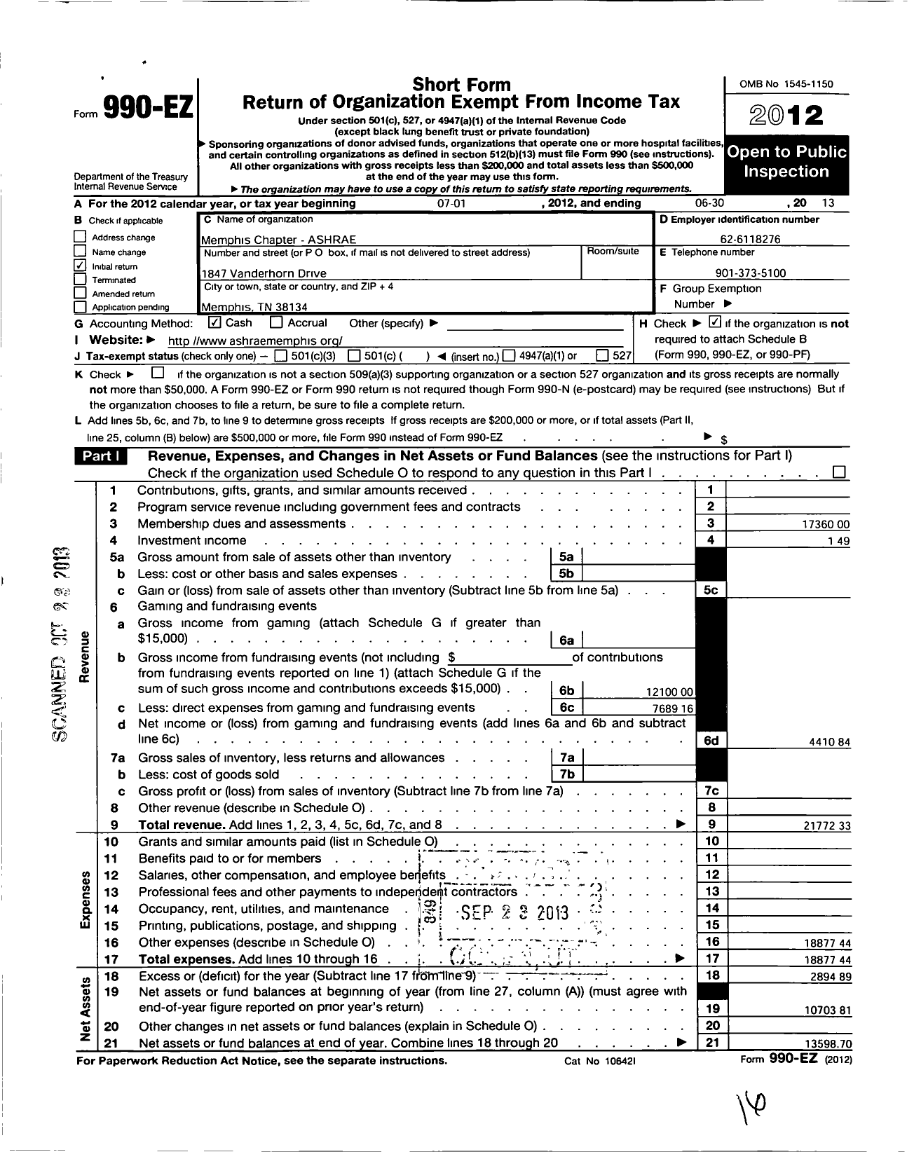 Image of first page of 2012 Form 990EO for American Society of Heating Refrigerating and A-C Engineers / Memphis