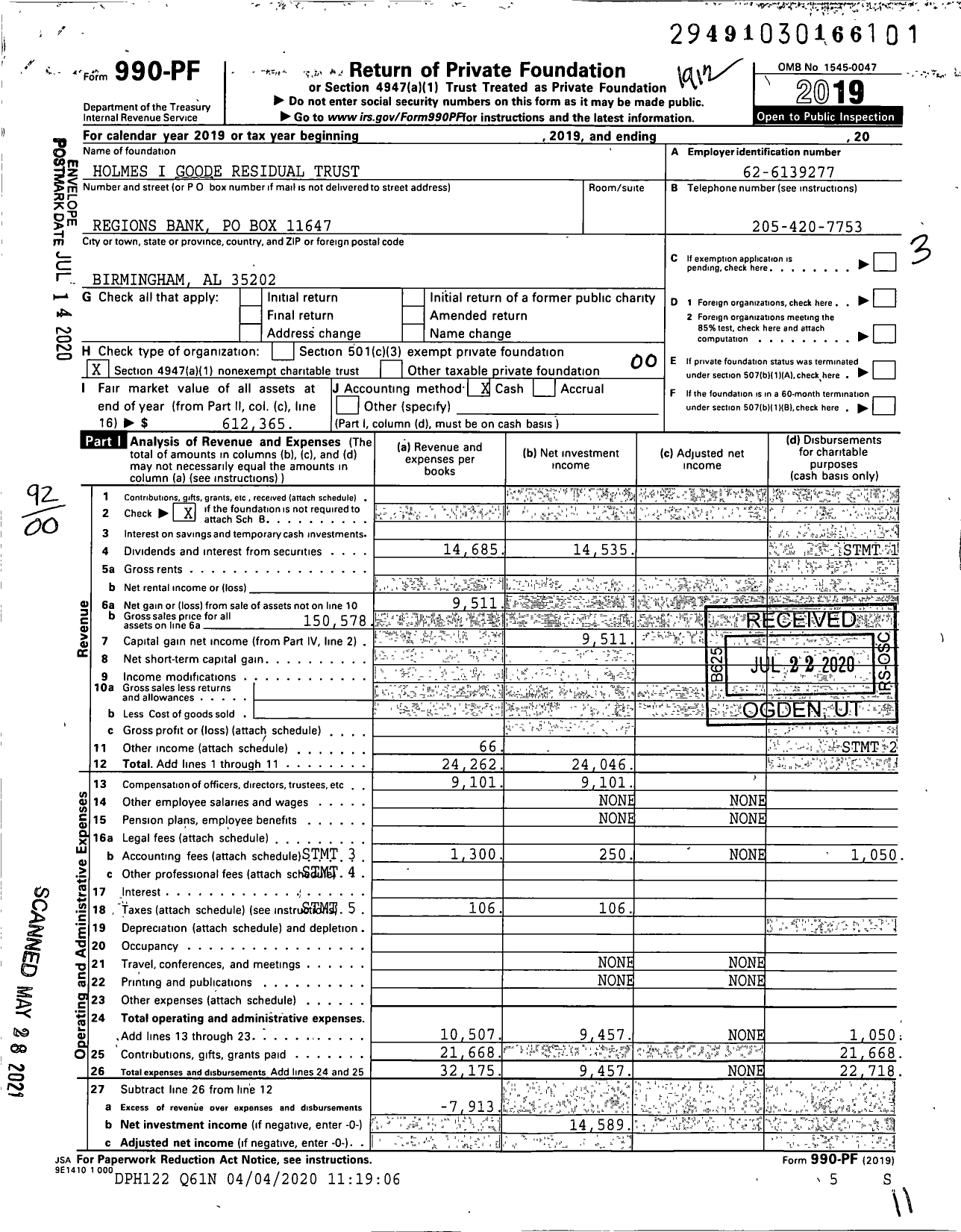 Image of first page of 2019 Form 990PF for Holmes I Goode Residual Trust