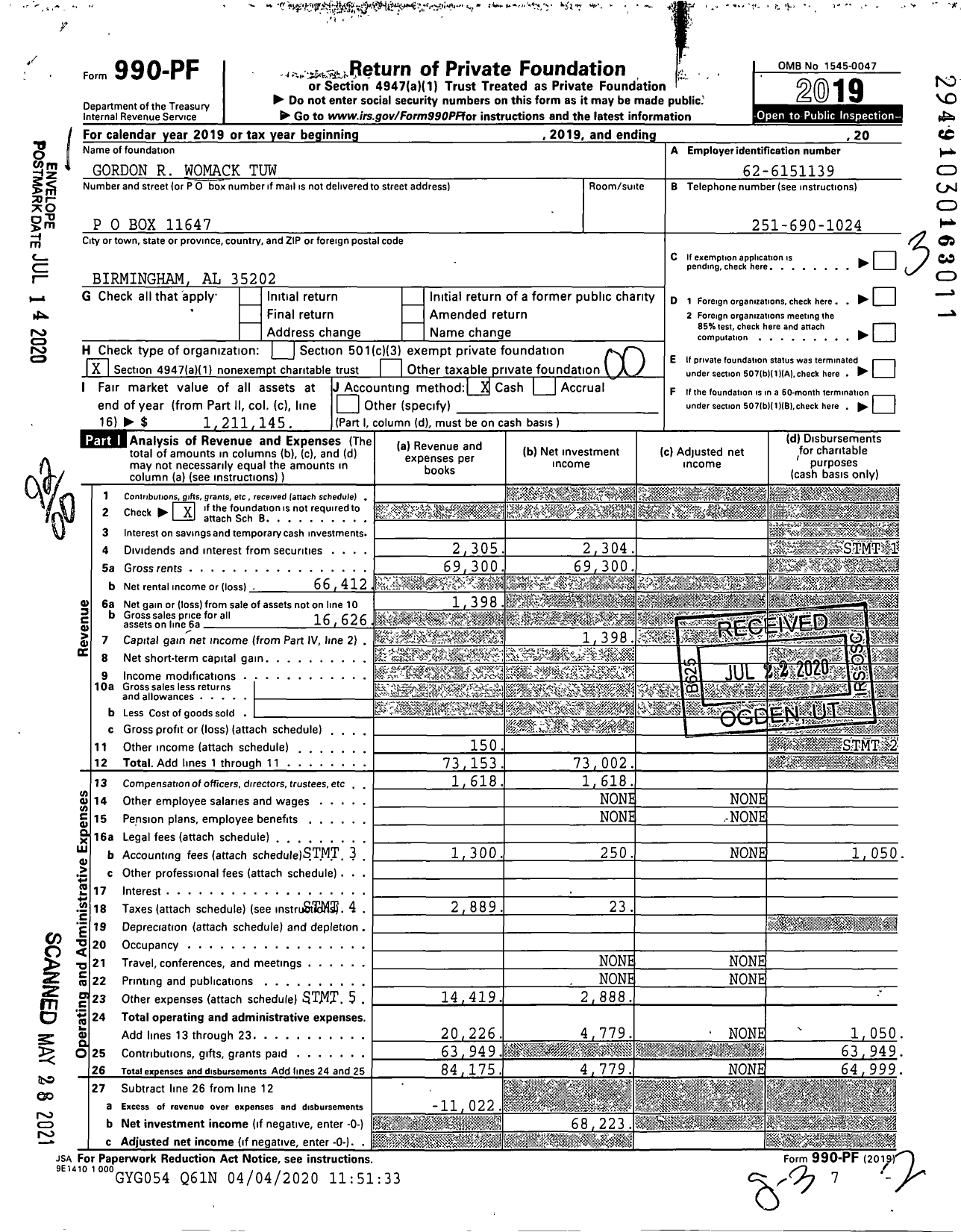 Image of first page of 2019 Form 990PF for Gordon R Womack Tuw