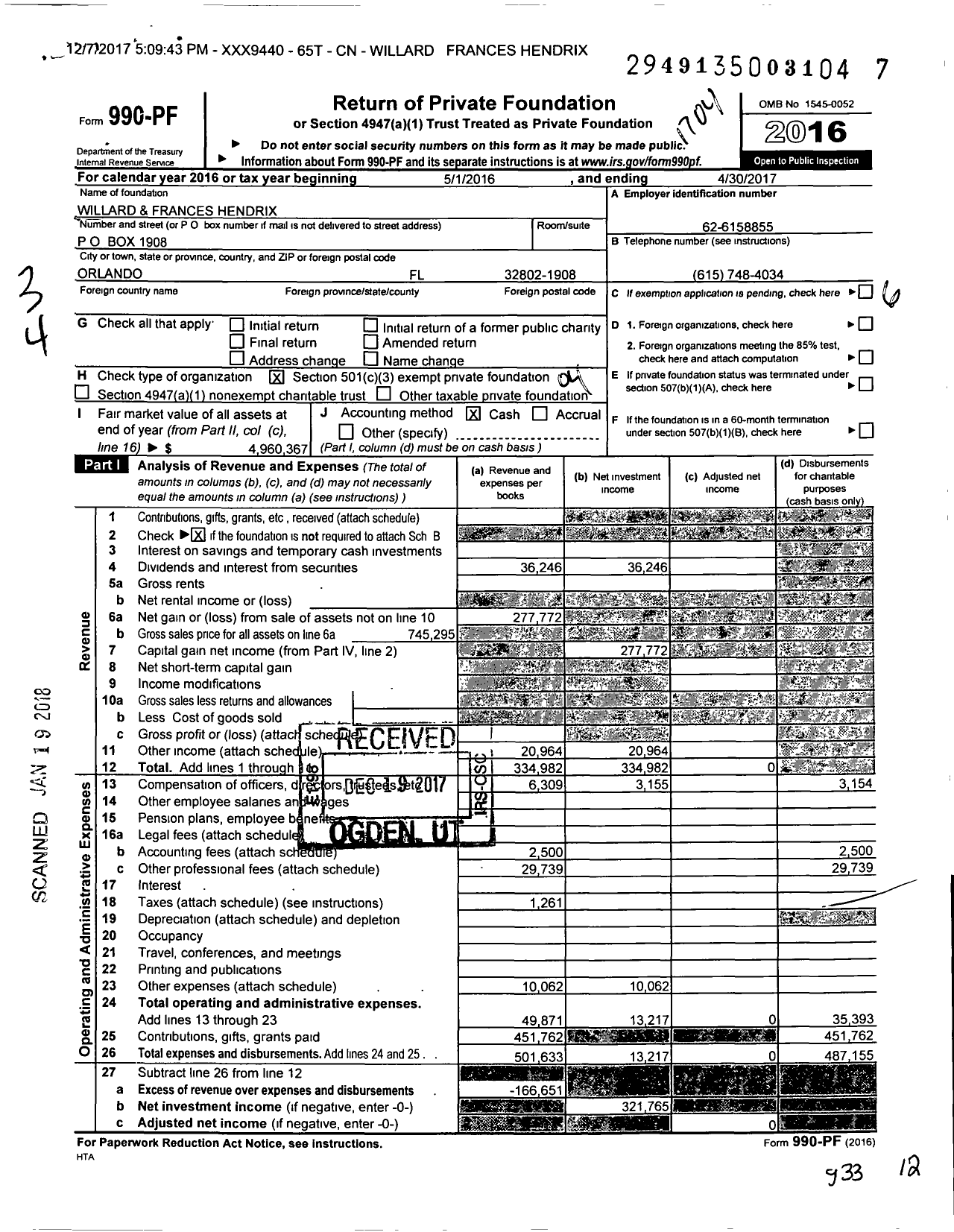 Image of first page of 2016 Form 990PF for TCH W and F Hendrix Foundation