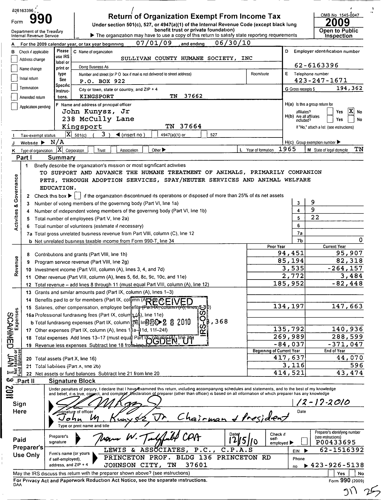 Image of first page of 2009 Form 990 for Sullivan County Humane Society / Kingsport Animal Shelter
