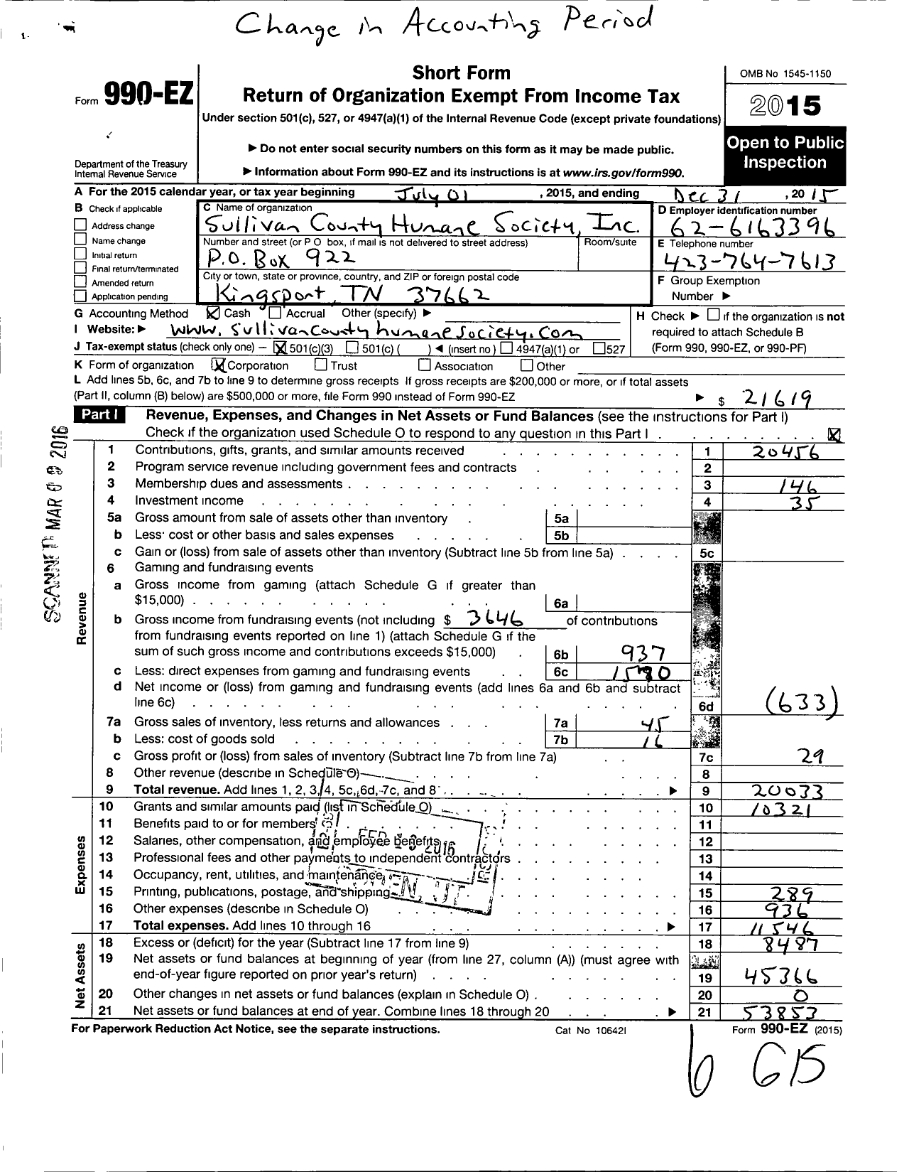 Image of first page of 2015 Form 990EZ for Sullivan County Humane Society / Kingsport Animal Shelter