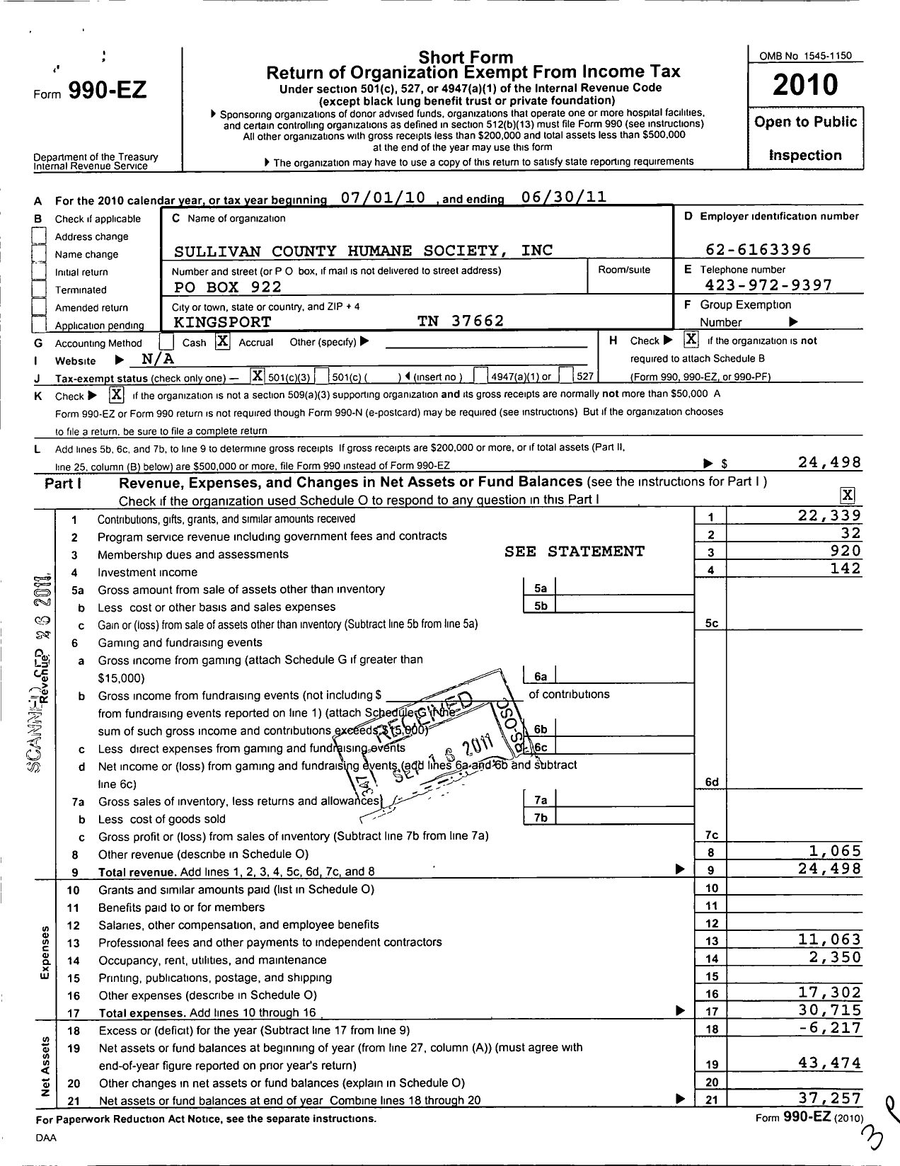 Image of first page of 2010 Form 990EZ for Sullivan County Humane Society / Kingsport Animal Shelter