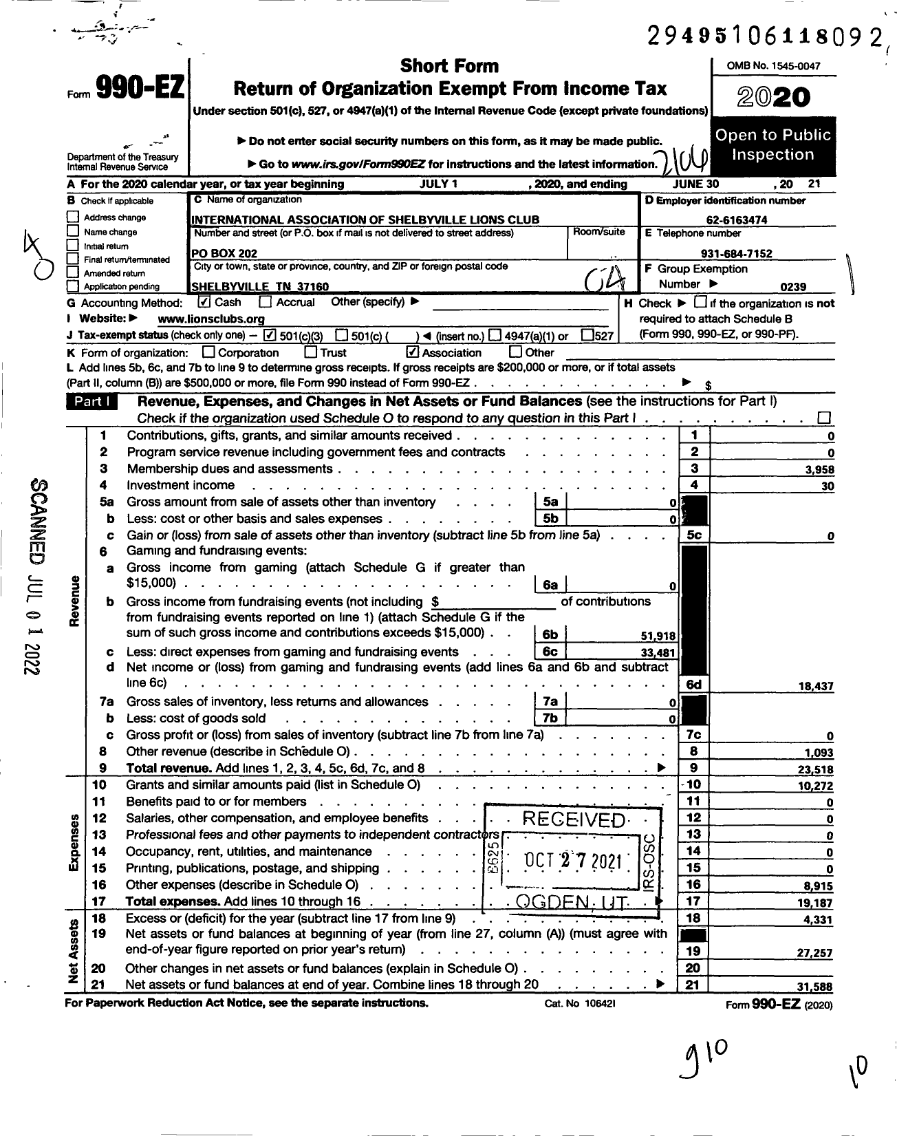 Image of first page of 2020 Form 990EO for Lions Clubs - Shelbyville Lions