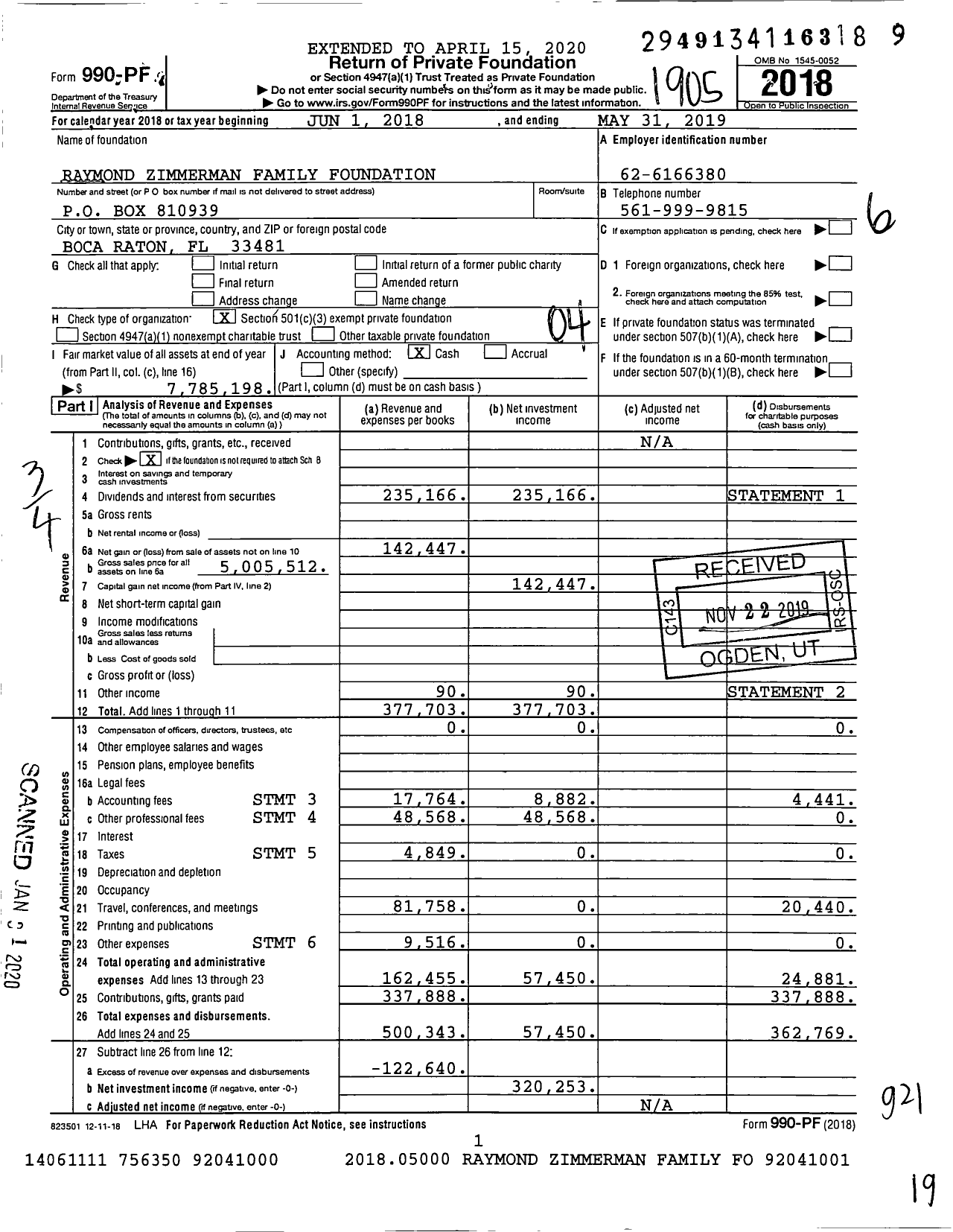 Image of first page of 2018 Form 990PF for Raymond Zimmerman Family Foundation