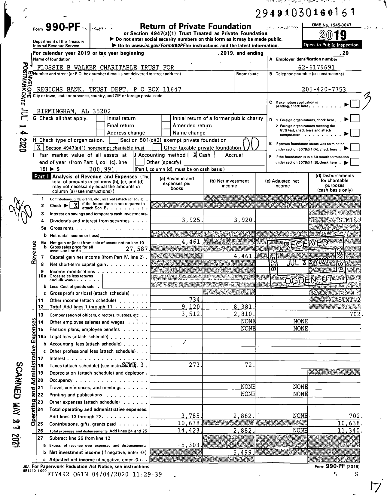 Image of first page of 2019 Form 990PF for Flossie B Walker Charitable Trust for