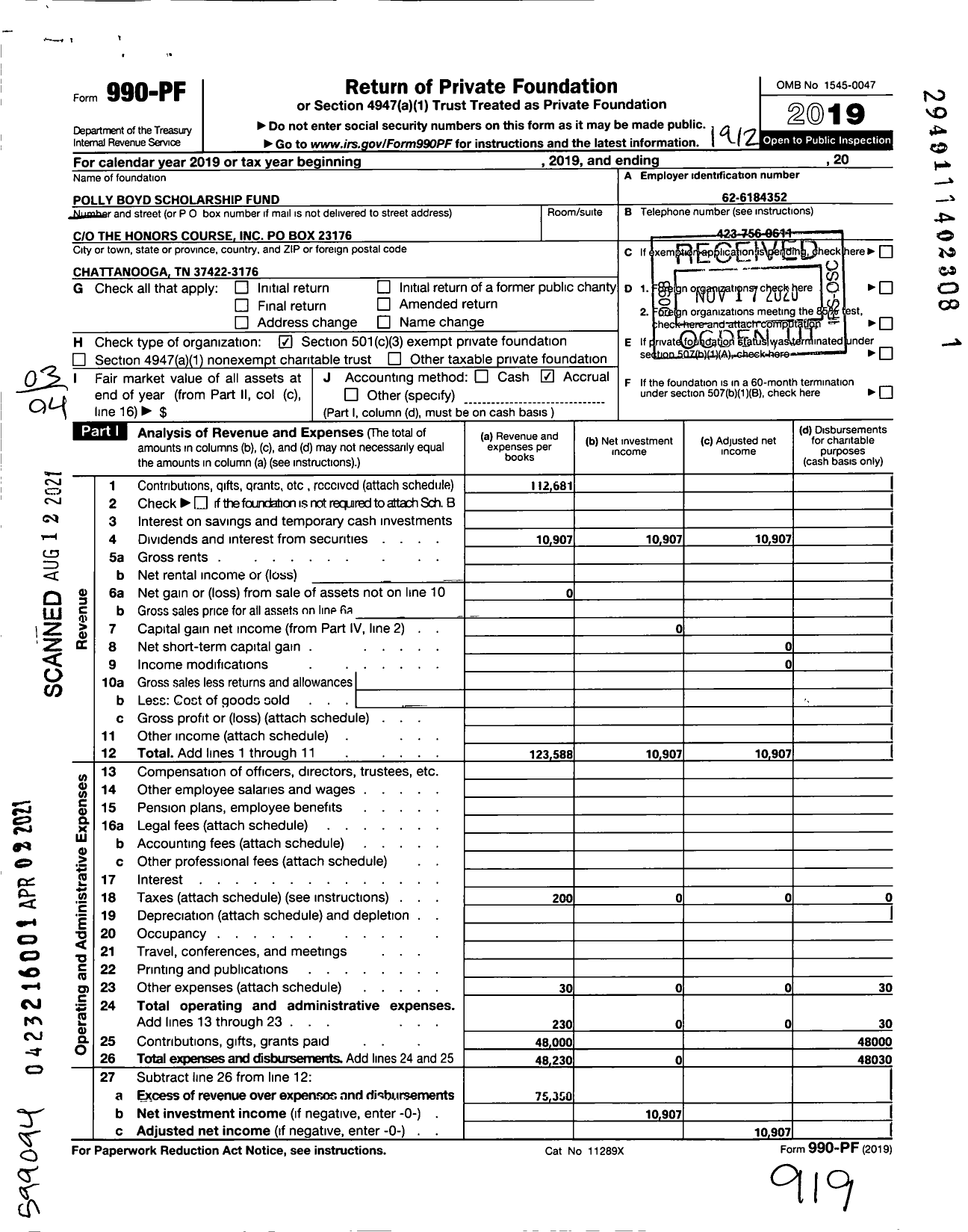 Image of first page of 2019 Form 990PF for Polly Boyd Scholarship Fund