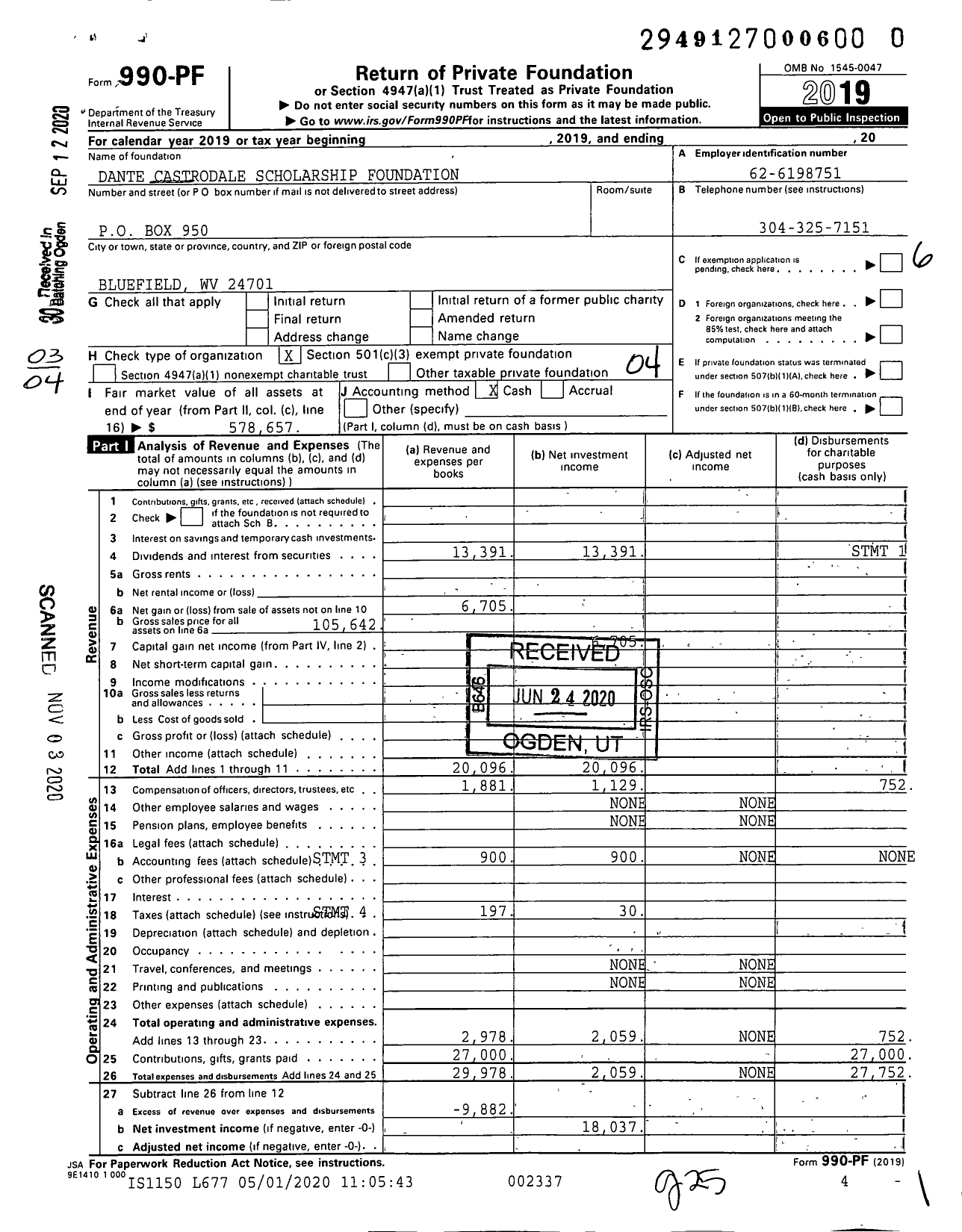 Image of first page of 2019 Form 990PF for Dante Castrodale Scholarship Foundation