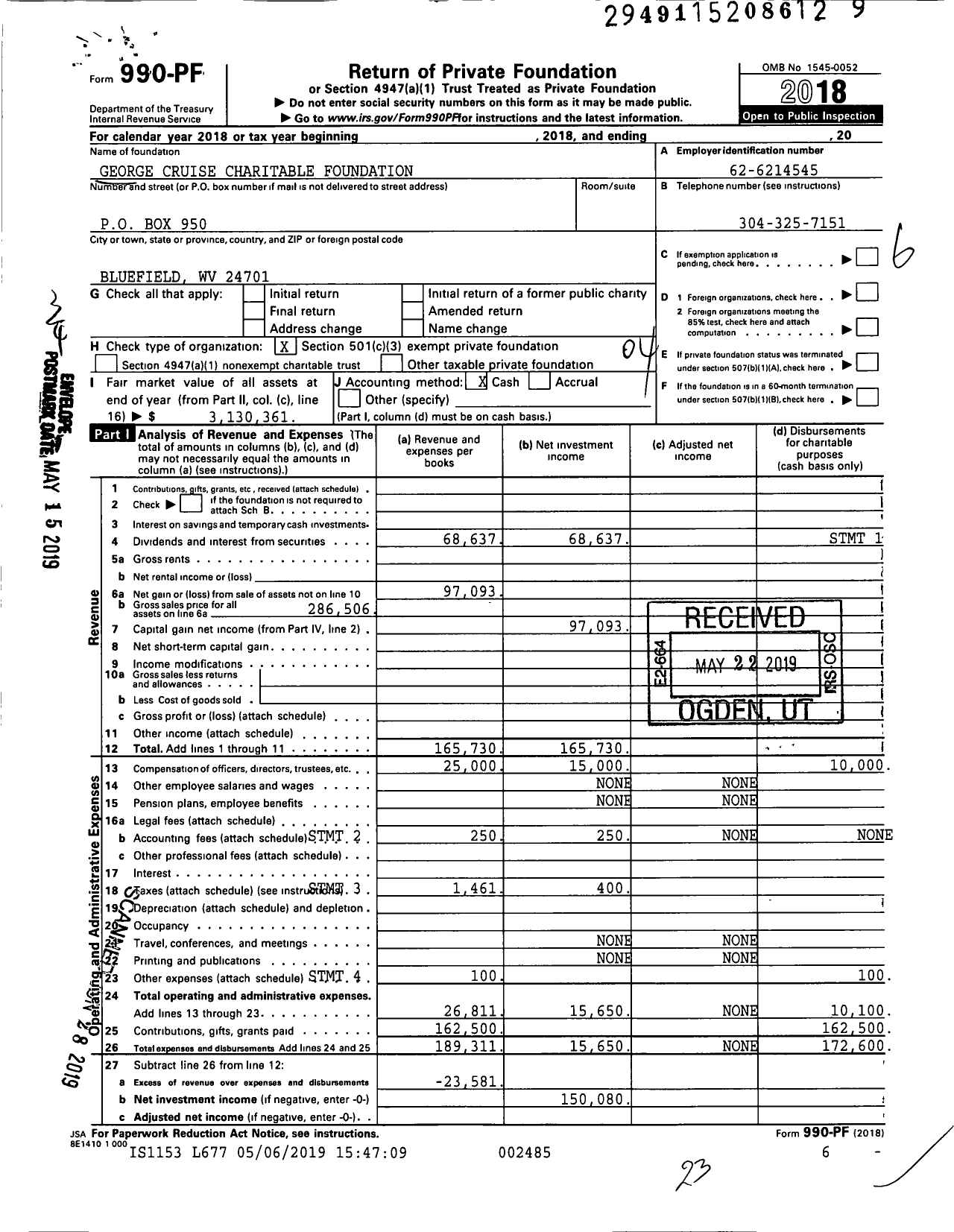 Image of first page of 2018 Form 990PF for George Cruise Charitable Foundation