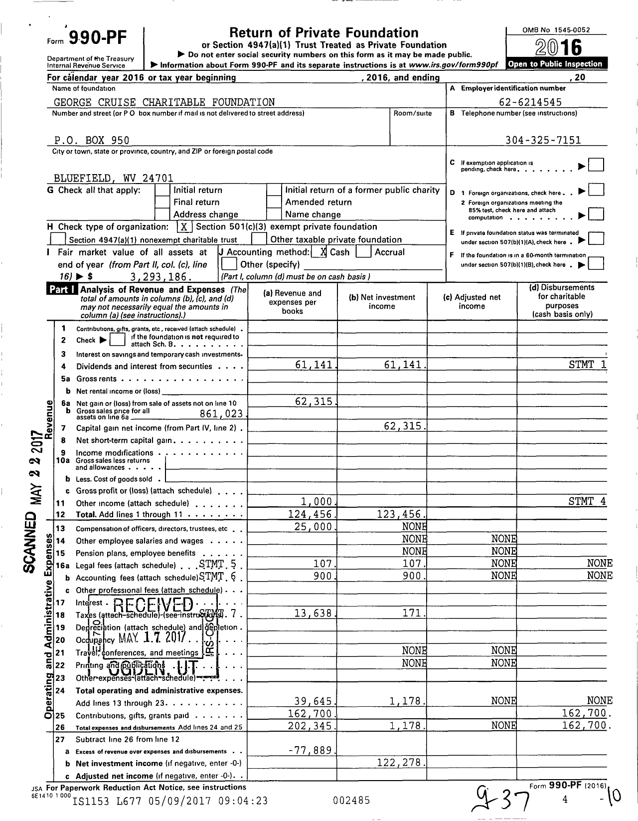 Image of first page of 2016 Form 990PF for George Cruise Charitable Foundation