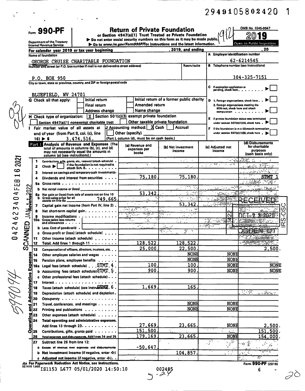 Image of first page of 2019 Form 990PF for George Cruise Charitable Foundation