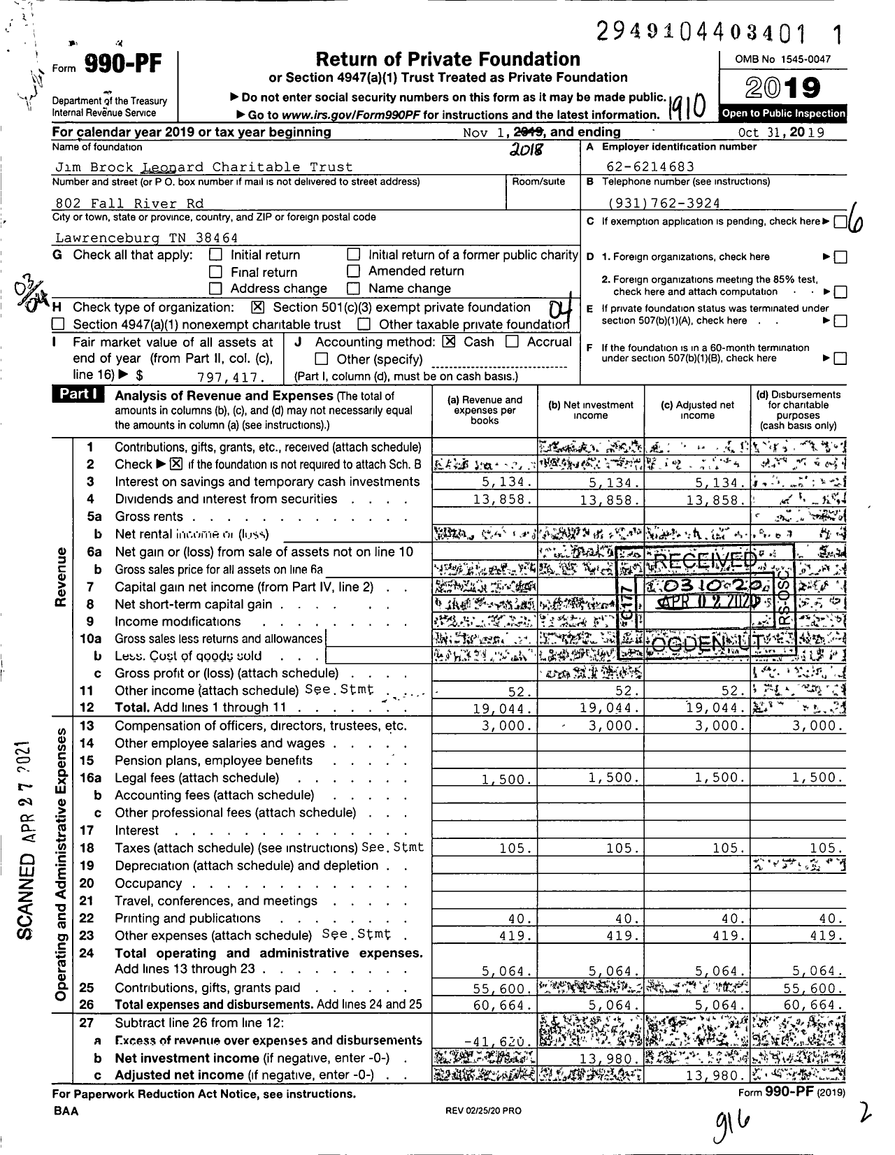 Image of first page of 2018 Form 990PF for Jim Brock Leonard Charitable Trust