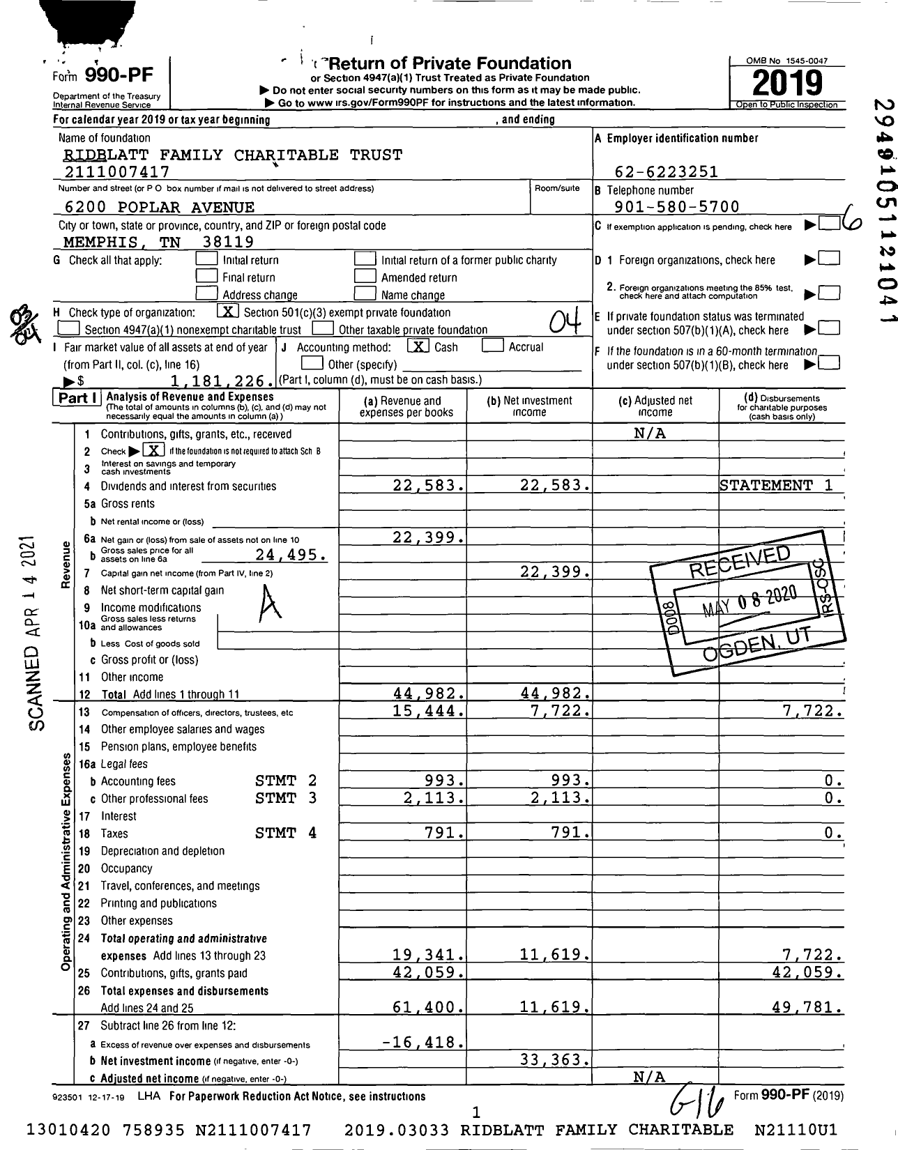 Image of first page of 2019 Form 990PF for Ridblatt Family Charitable Trust 2111007417