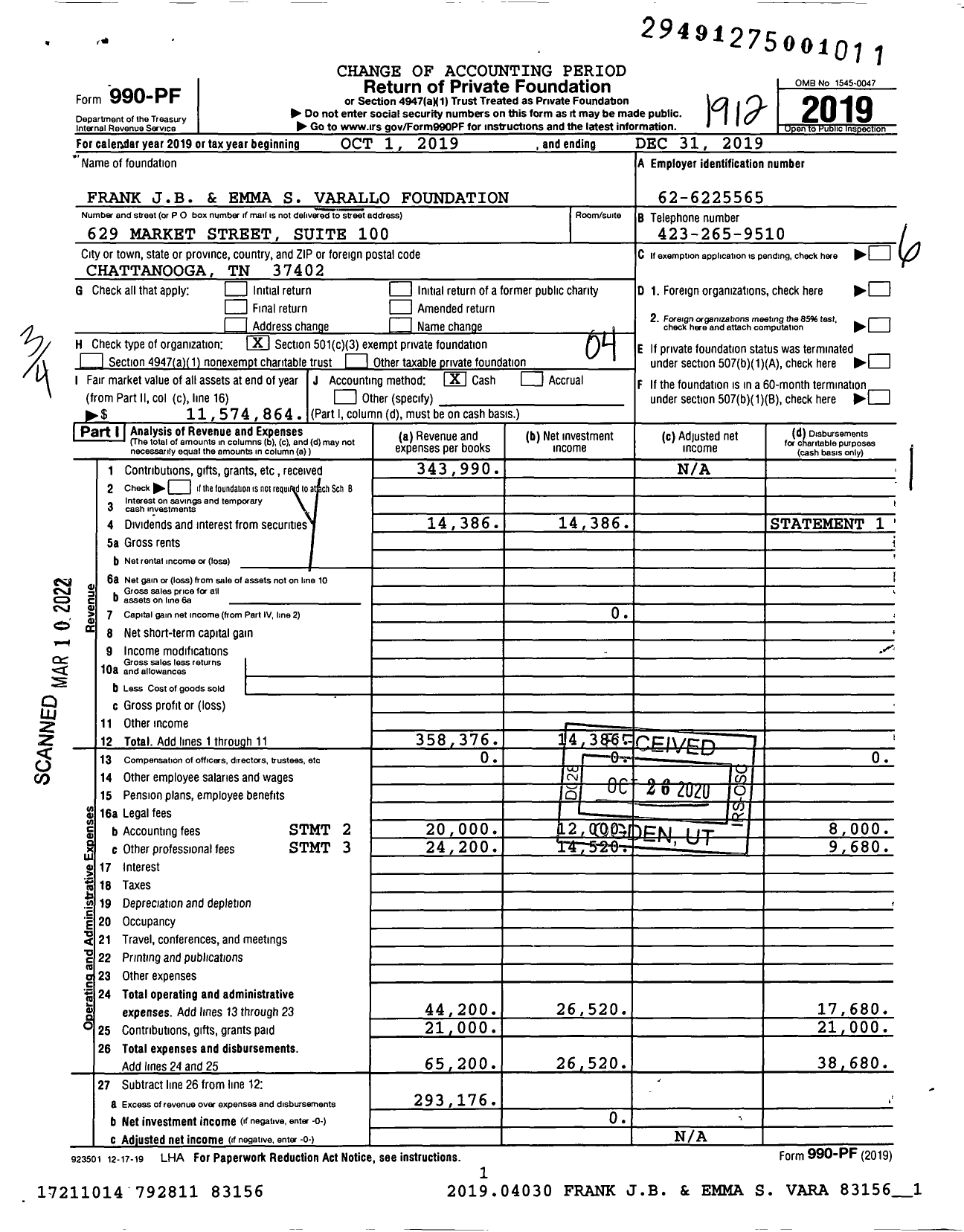 Image of first page of 2019 Form 990PF for Frank JB and Emma S Varallo Foundation