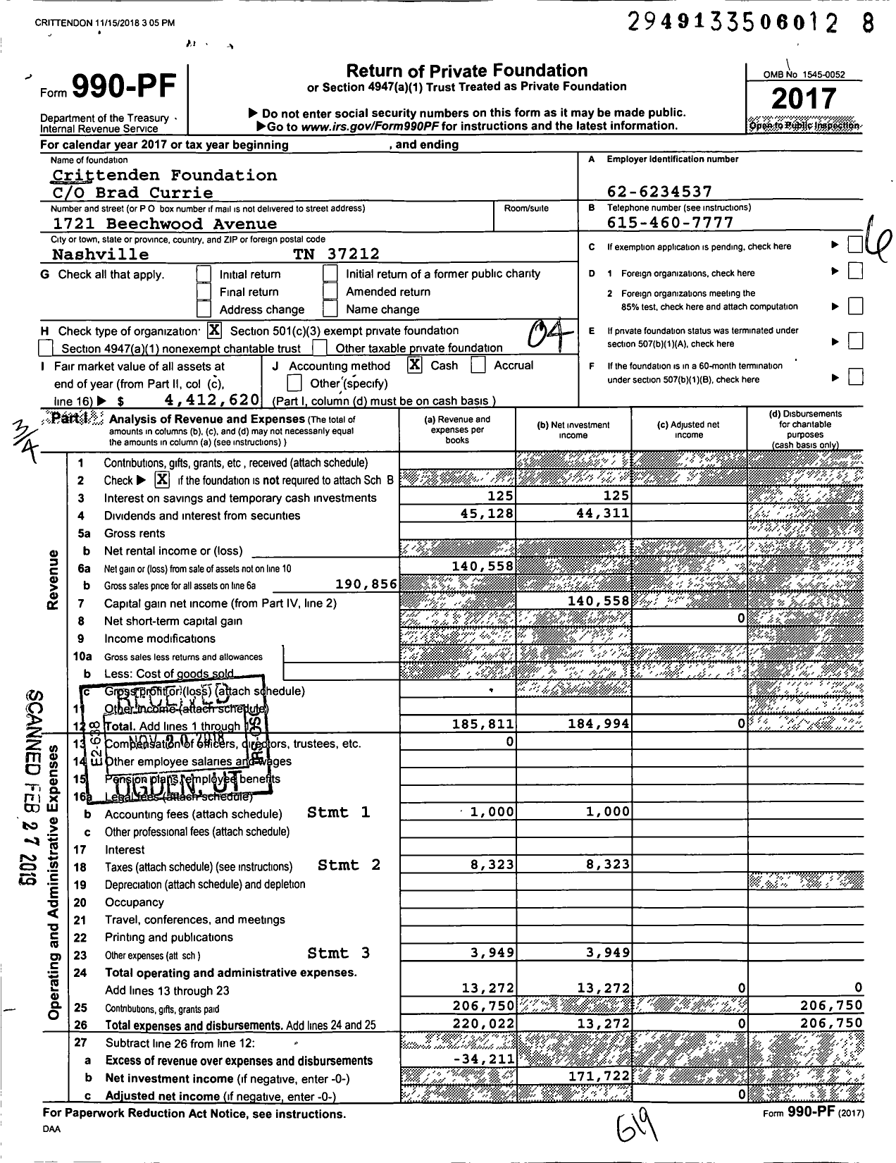 Image of first page of 2017 Form 990PF for Crittenden Foundation