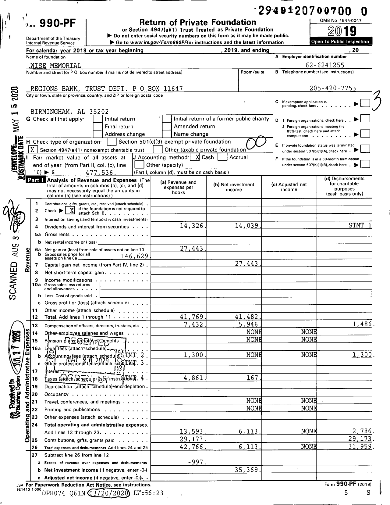 Image of first page of 2019 Form 990PR for Wise Memorial