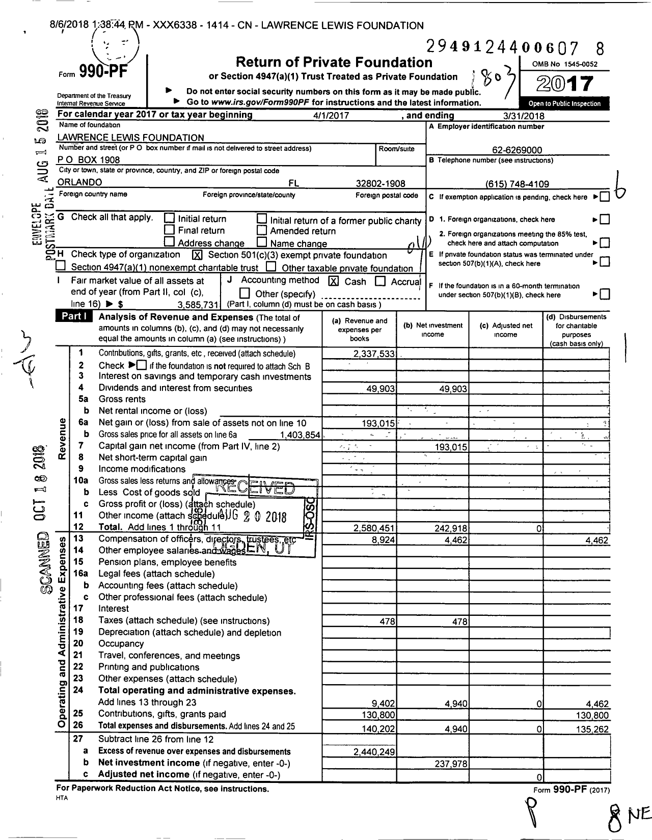 Image of first page of 2017 Form 990PF for Lawrence Lewis Foundation