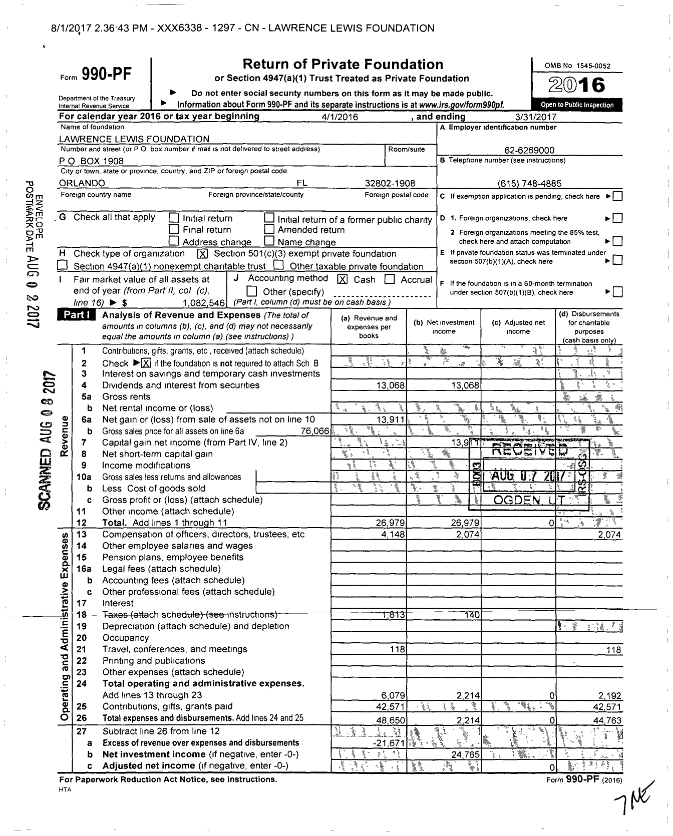 Image of first page of 2016 Form 990PF for Lawrence Lewis Foundation