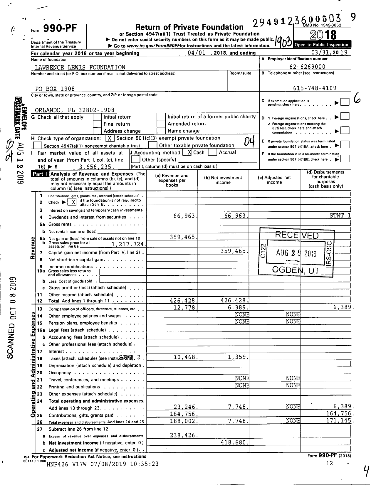 Image of first page of 2018 Form 990PF for Lawrence Lewis Foundation