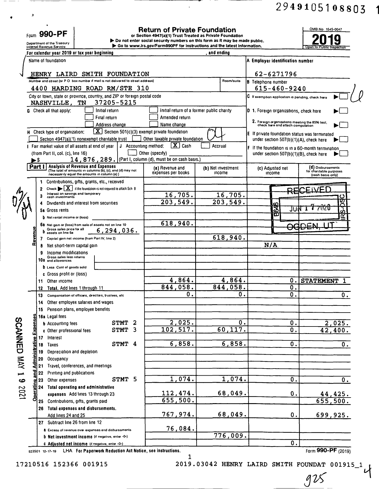 Image of first page of 2019 Form 990PF for Henry Laird Smith Foundation