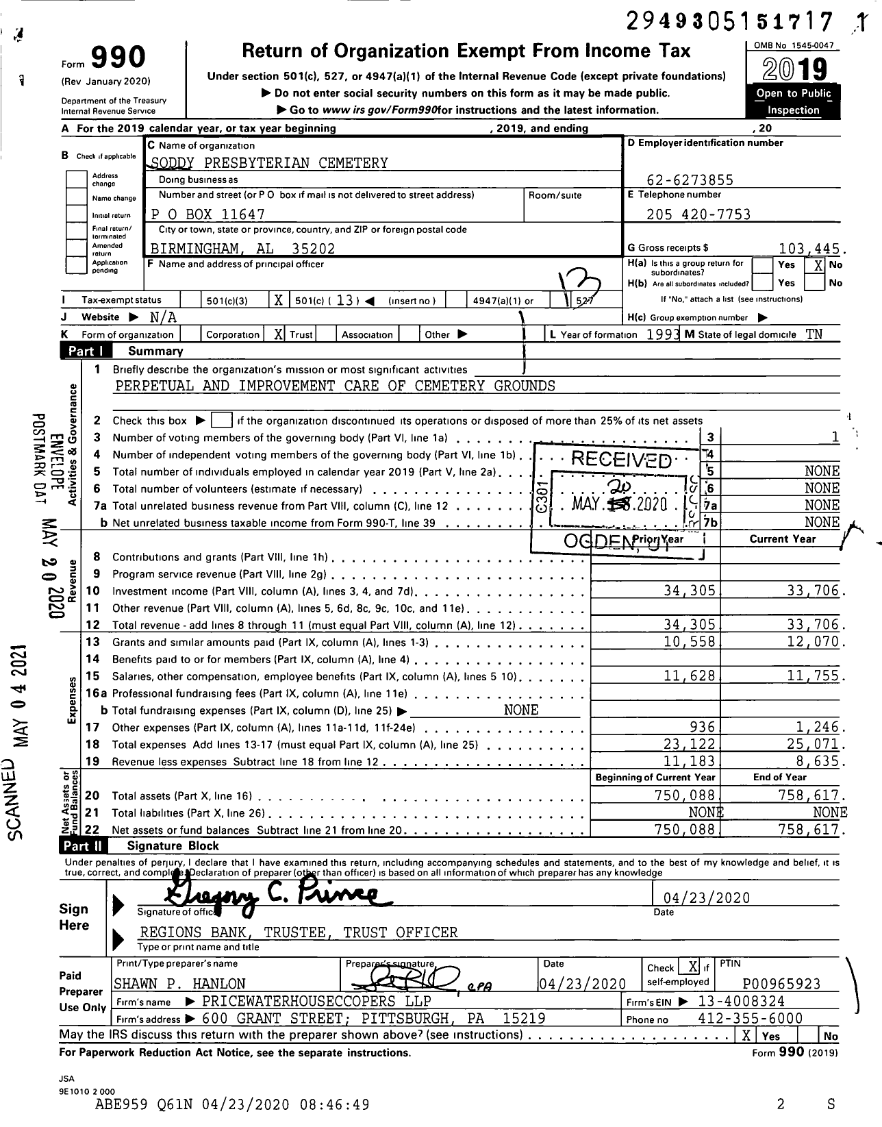 Image of first page of 2019 Form 990O for Soddy Presbyterian Cemetery