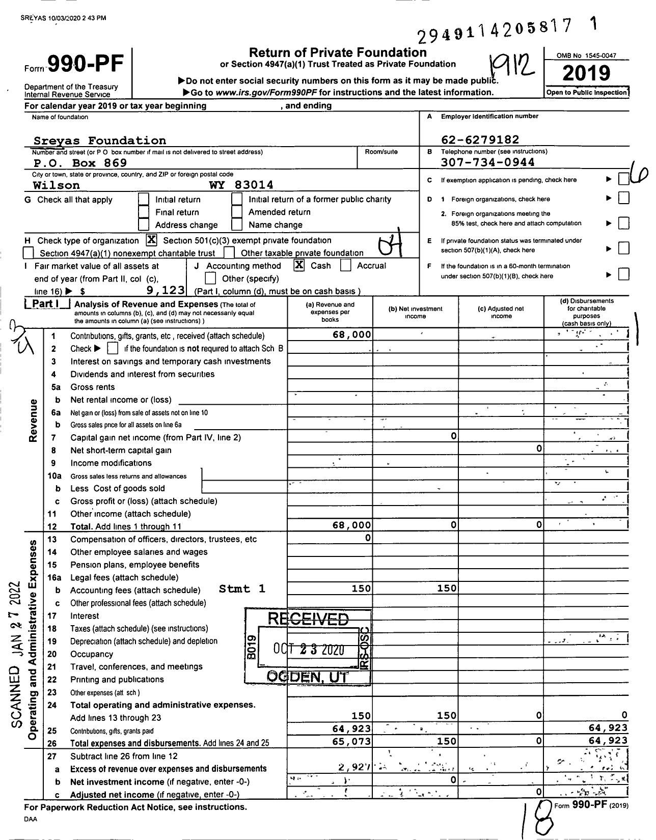 Image of first page of 2019 Form 990PF for Sreyas Foundation