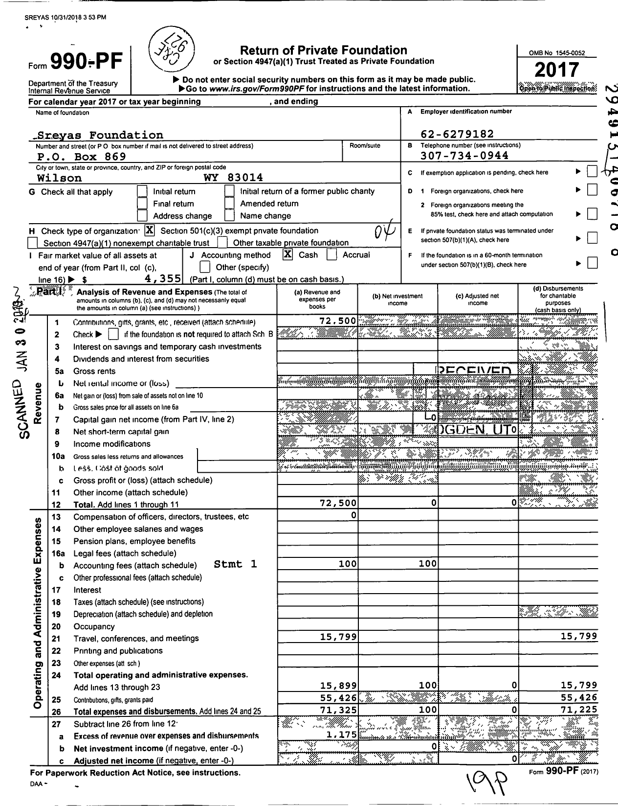 Image of first page of 2017 Form 990PF for Sreyas Foundation