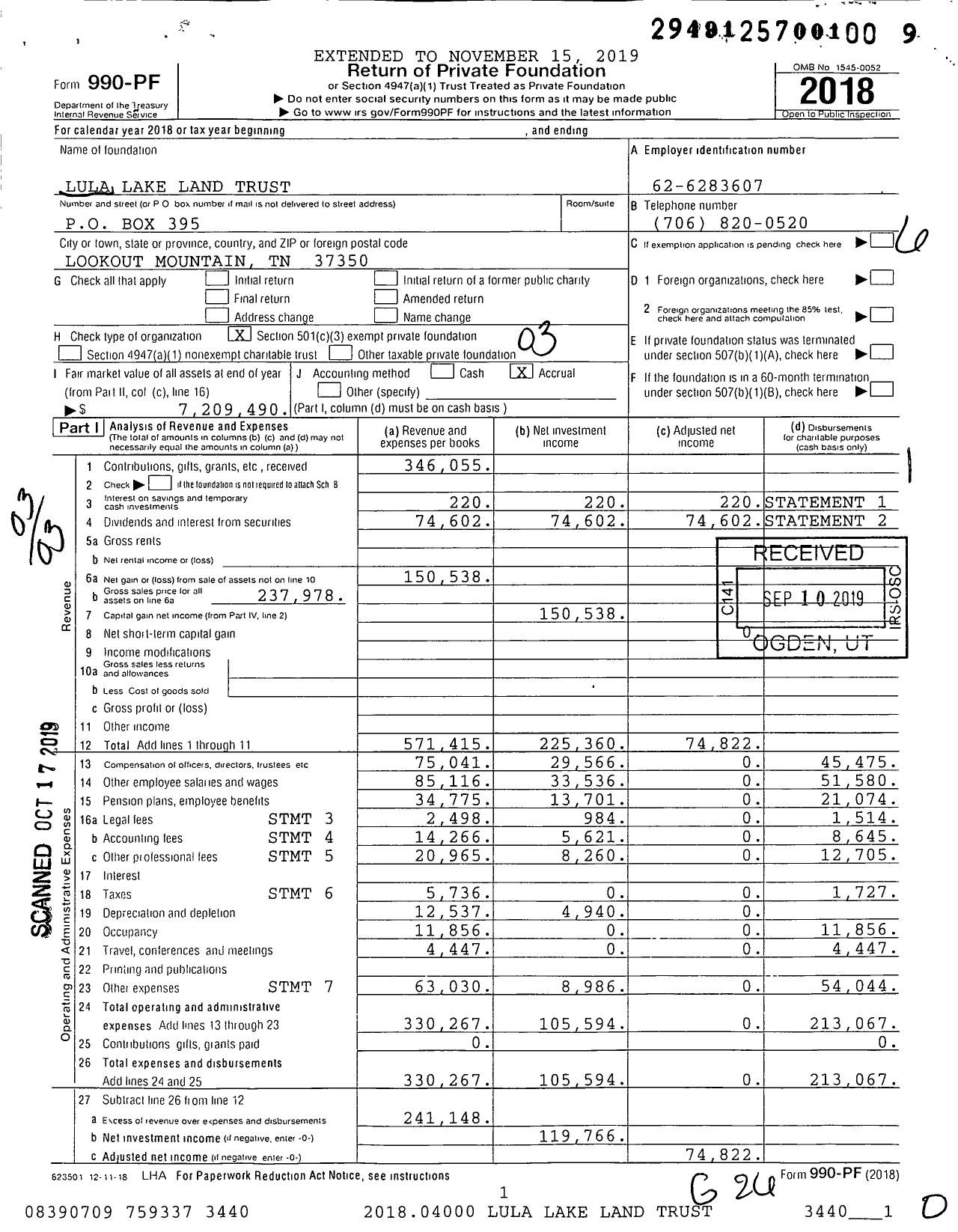 Image of first page of 2018 Form 990PF for Lula Lake Land Trust